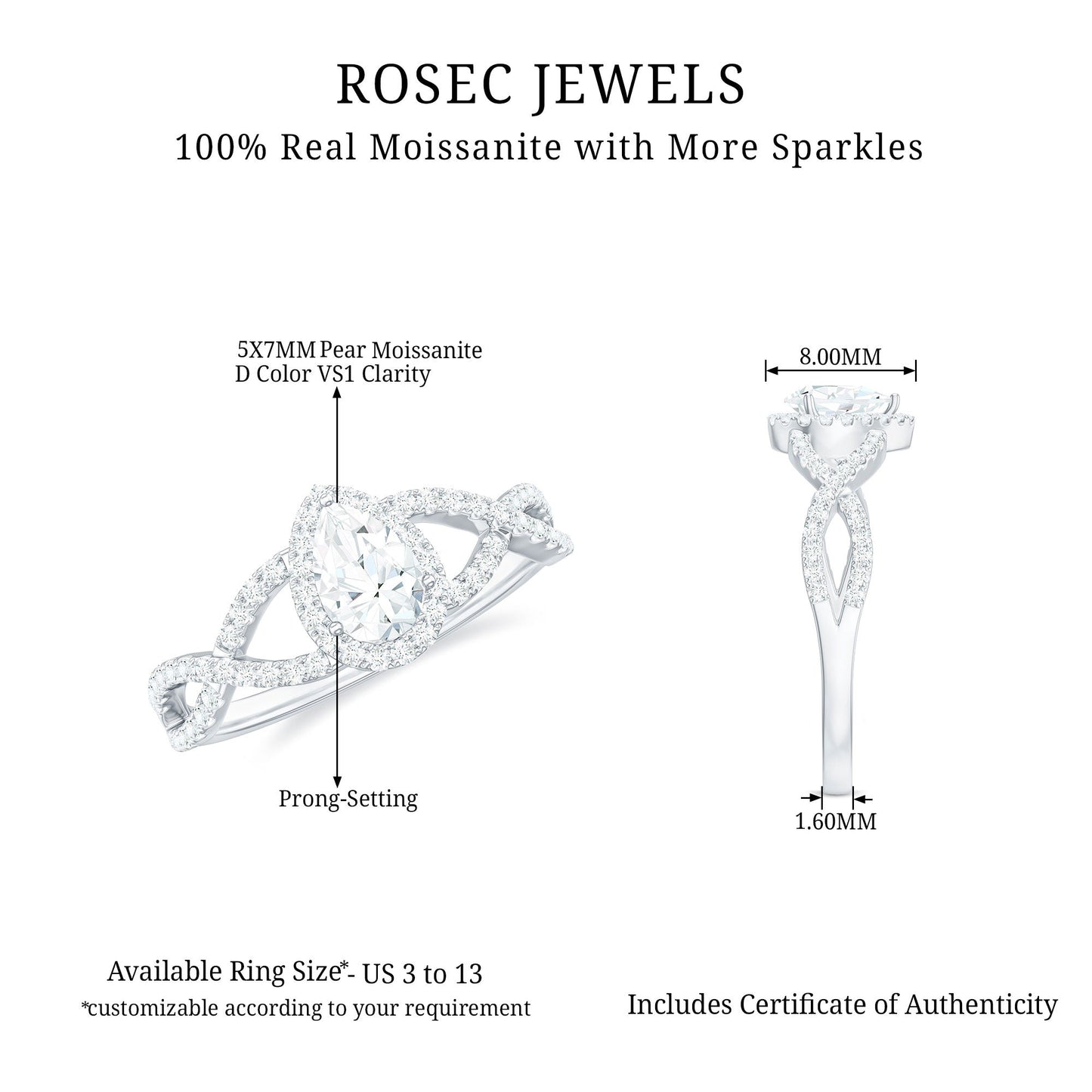 Pear Shaped Moissanite Crossover Engagement Ring with Halo