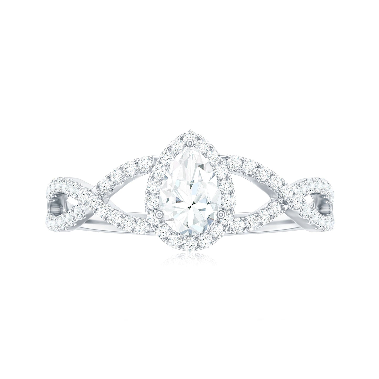 Pear Shaped Moissanite Crossover Engagement Ring with Halo