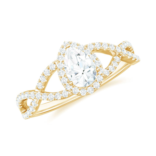 Pear Shaped Moissanite Crossover Engagement Ring with Halo