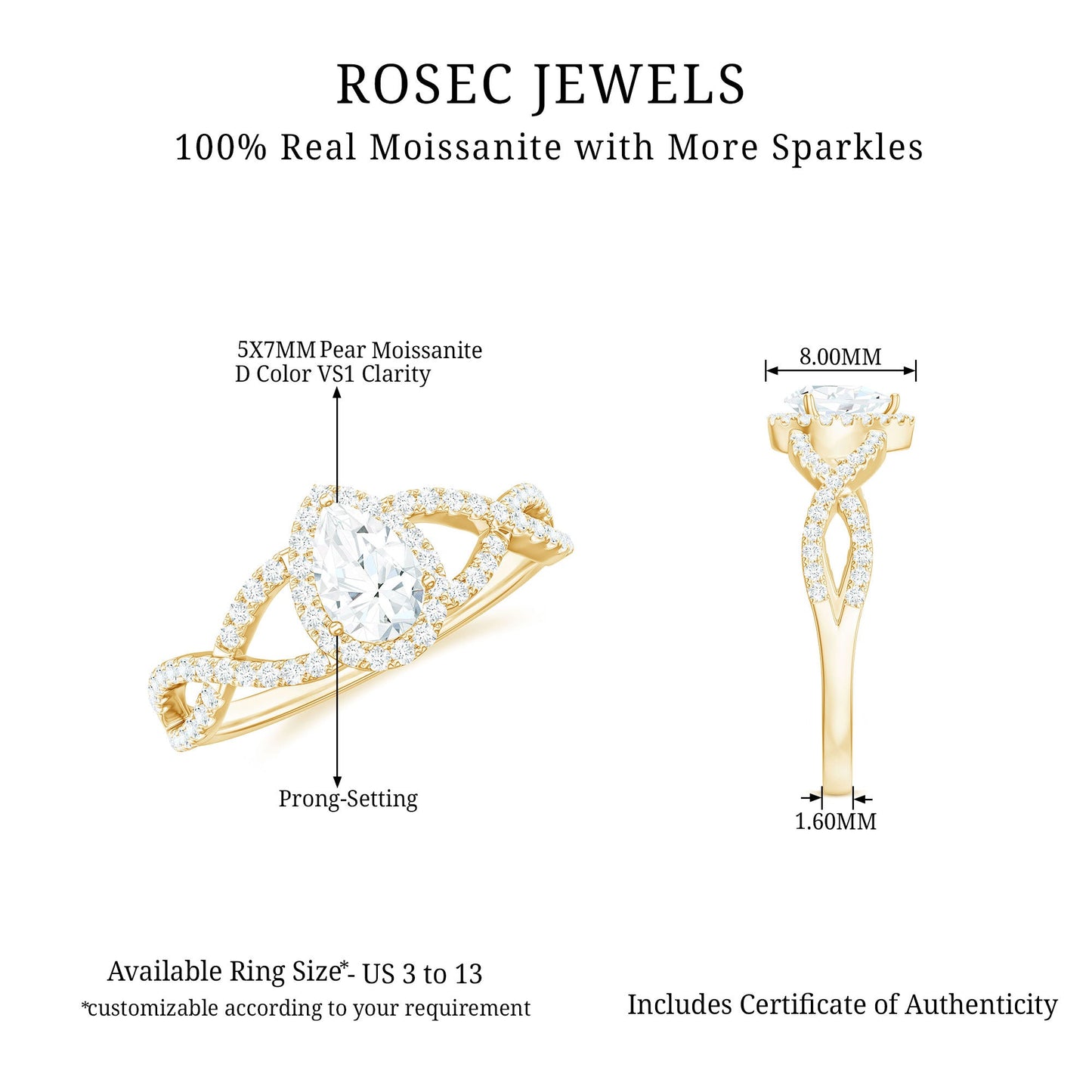 Pear Shaped Moissanite Crossover Engagement Ring with Halo