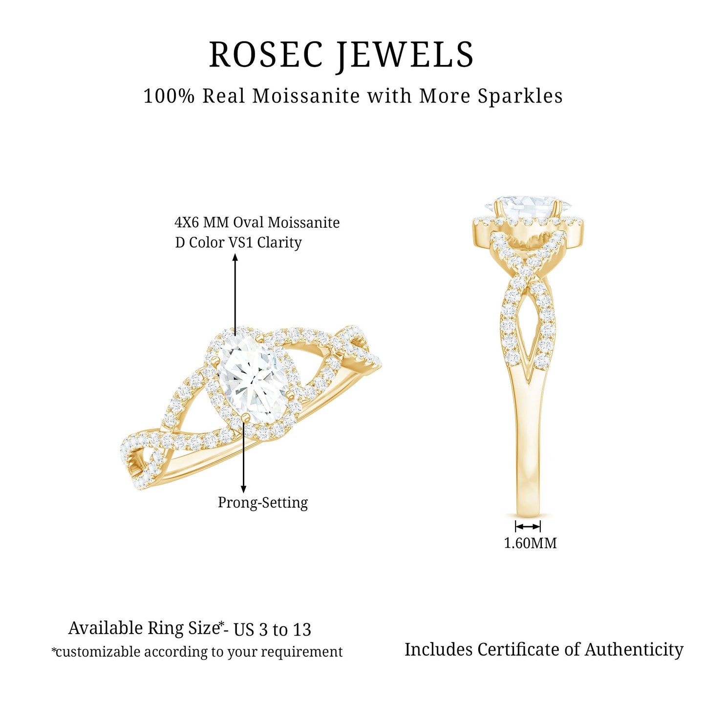 Certified Oval Cut Moissanite Halo Engagement Ring with Crossover Shank