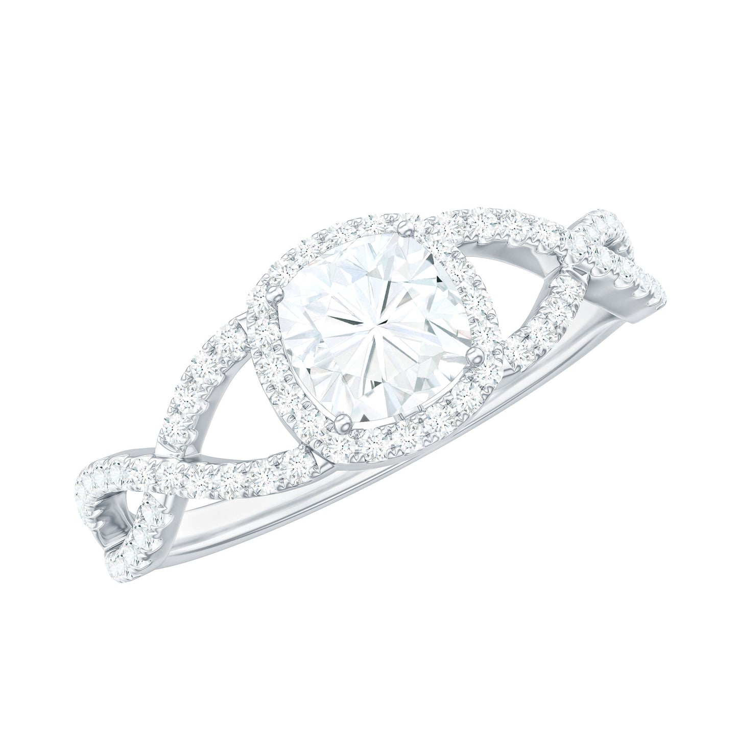 1.7 Carat Cushion Cut Moissanite Halo Engagement Ring with Crossover Shank