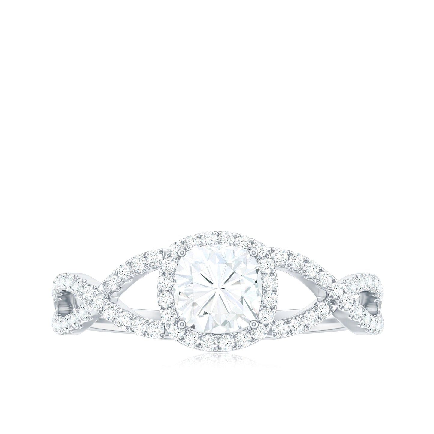 1.7 Carat Cushion Cut Moissanite Halo Engagement Ring with Crossover Shank