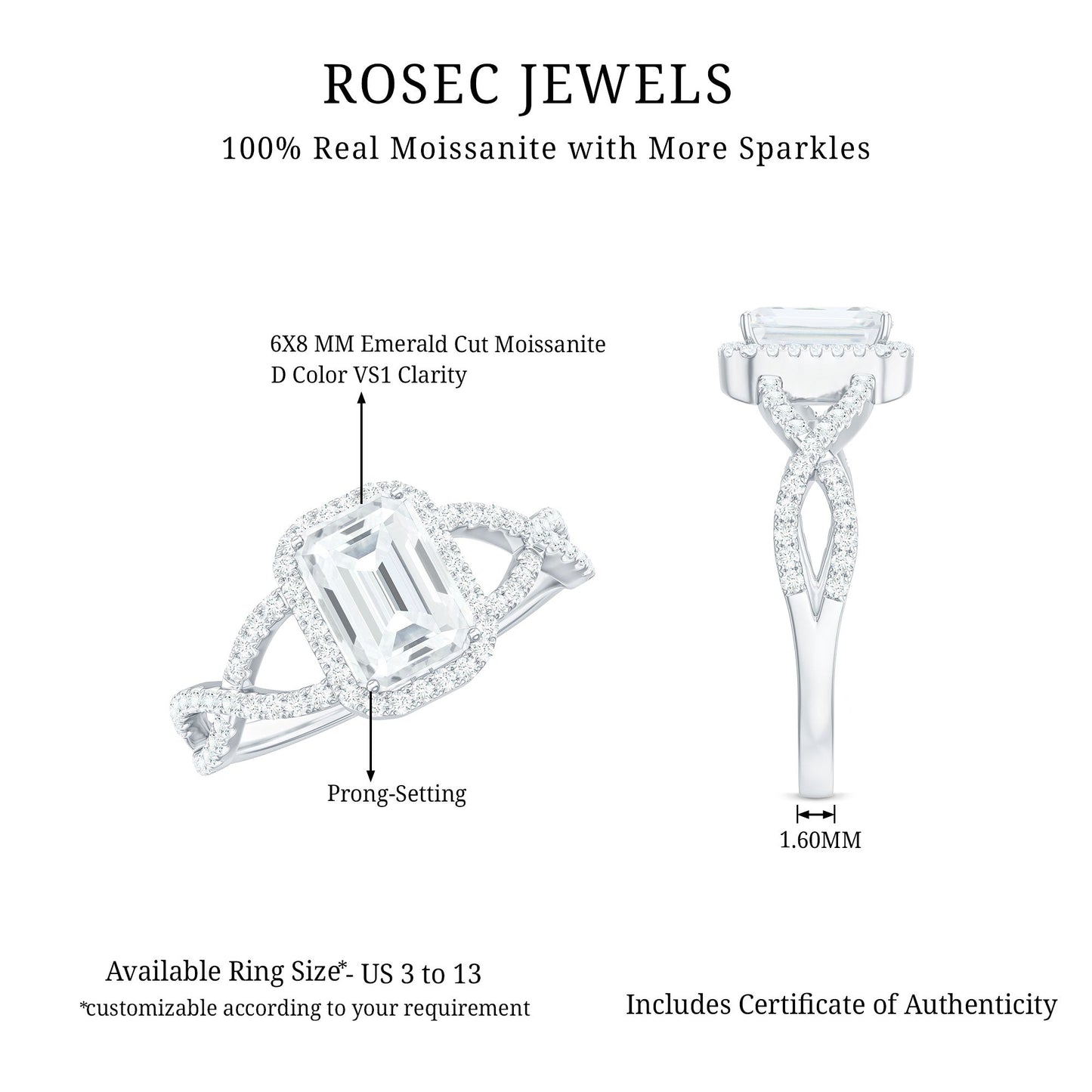 Certified Emerald Cut Moissanite Statement Ring with Crossover Shank