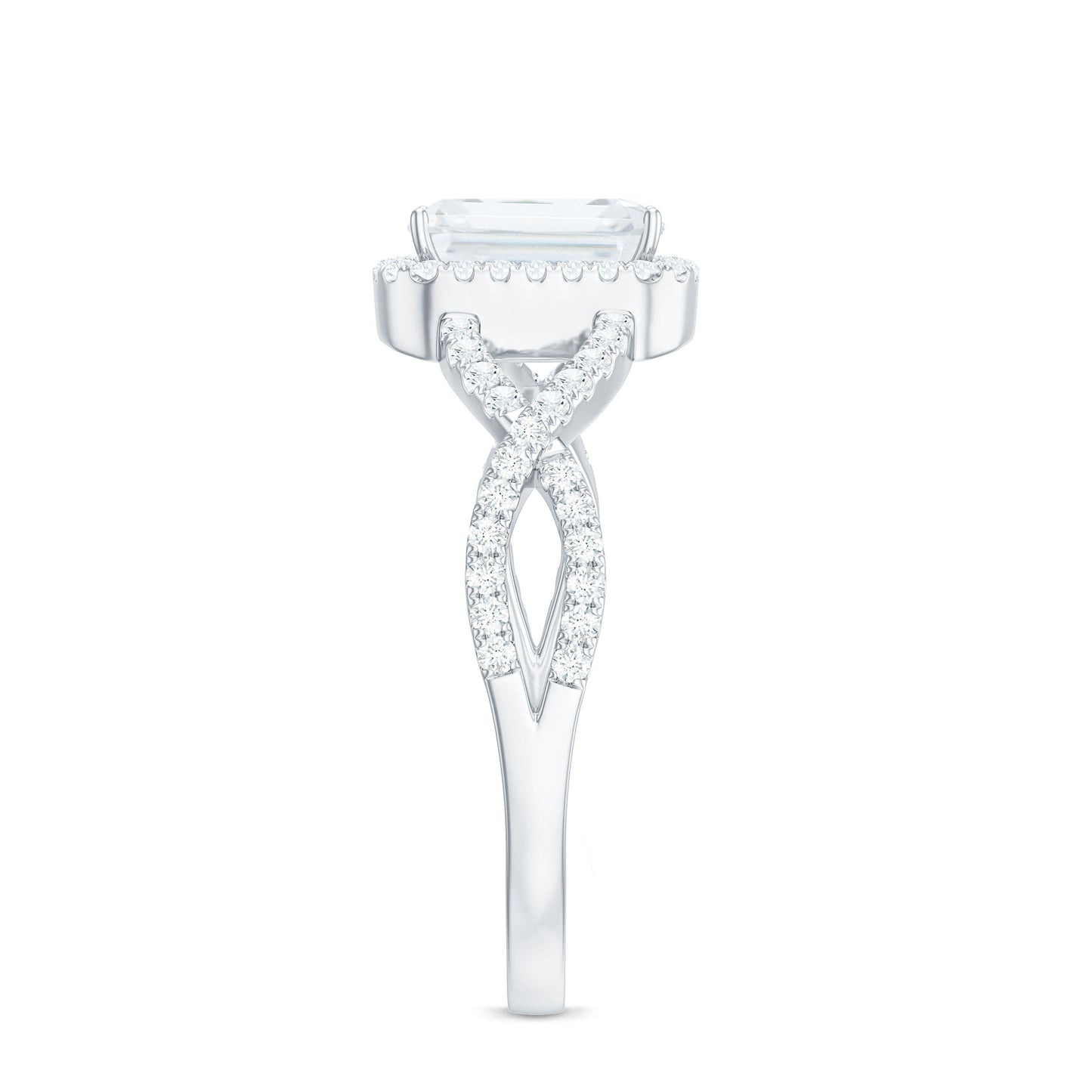 Certified Emerald Cut Moissanite Statement Ring with Crossover Shank