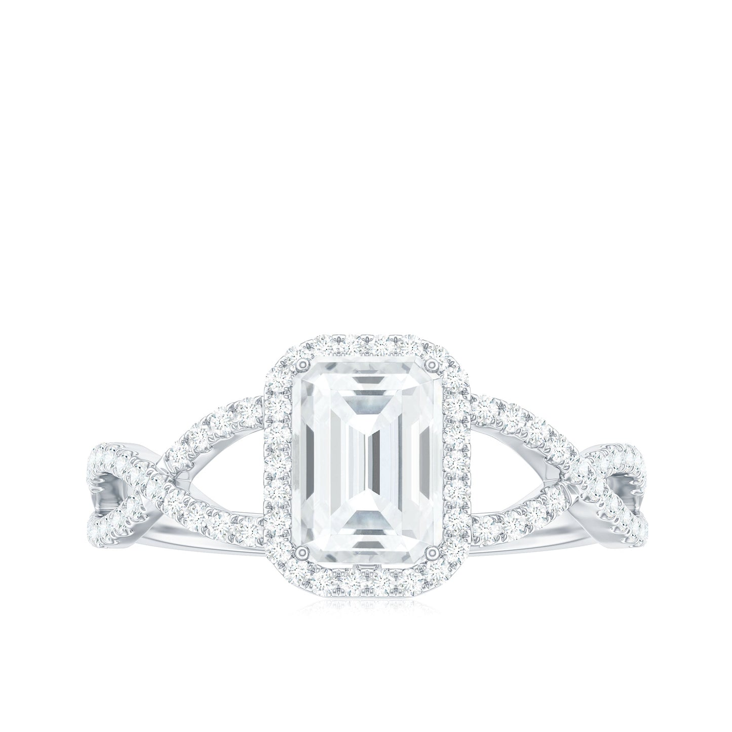 Certified Emerald Cut Moissanite Statement Ring with Crossover Shank