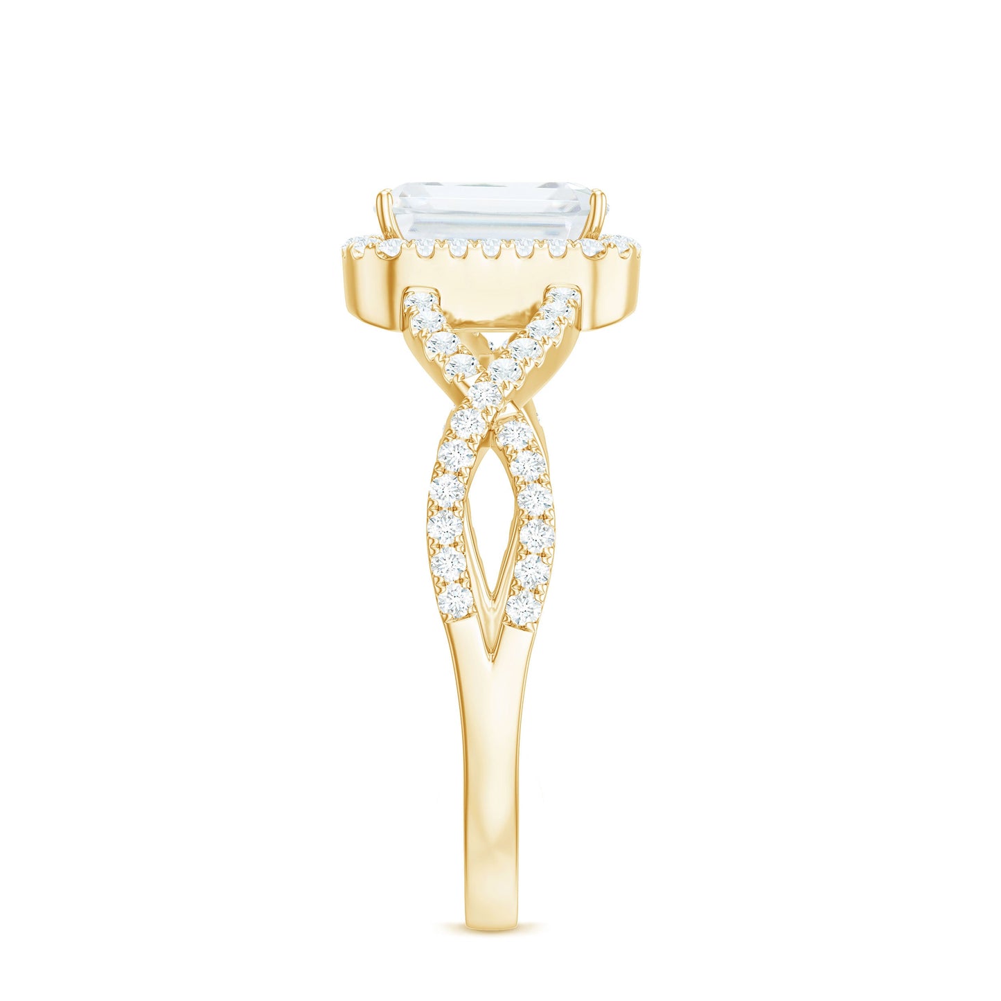 Certified Emerald Cut Moissanite Statement Ring with Crossover Shank