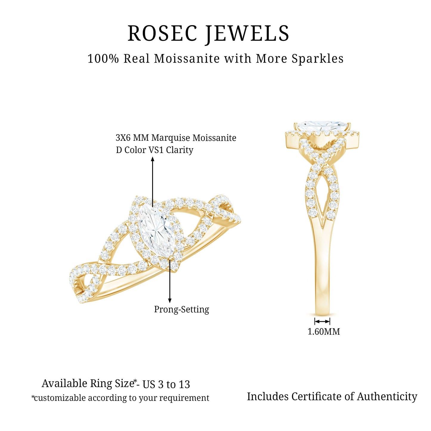 Womens Moissanite Marquise Cut Engagement Ring with Crossover Shank