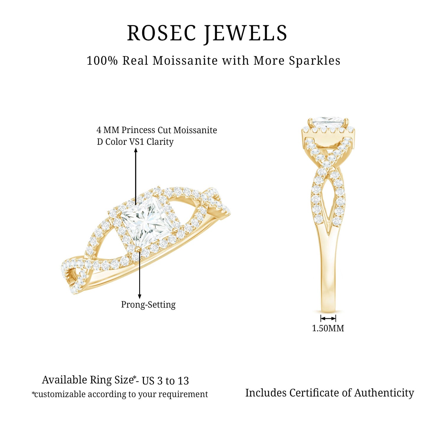 0.3 Carat Moissanite Square Cut Engagement Ring with Crossover Shank