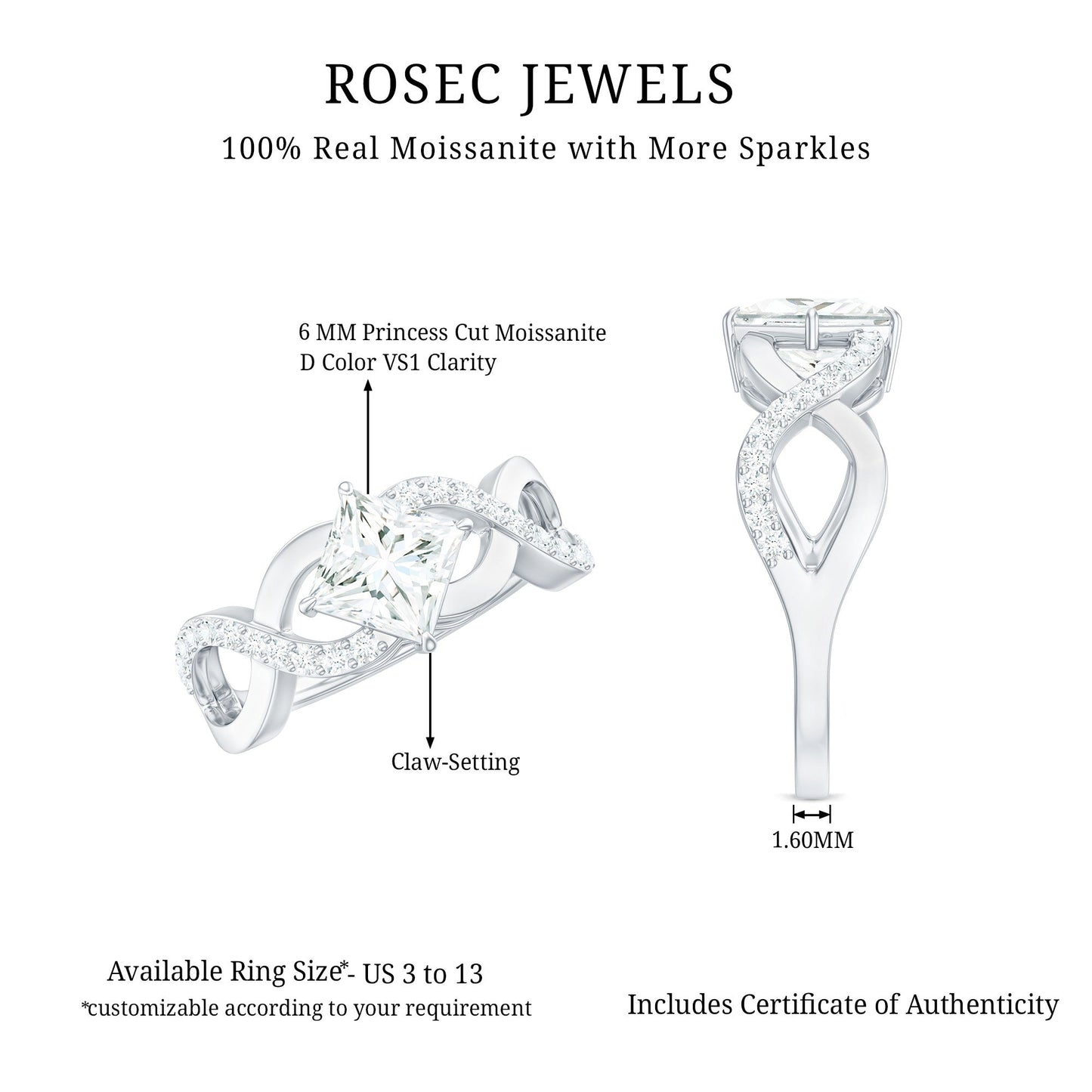 Princess Cut Moissanite Infinity Engagement Ring for Her