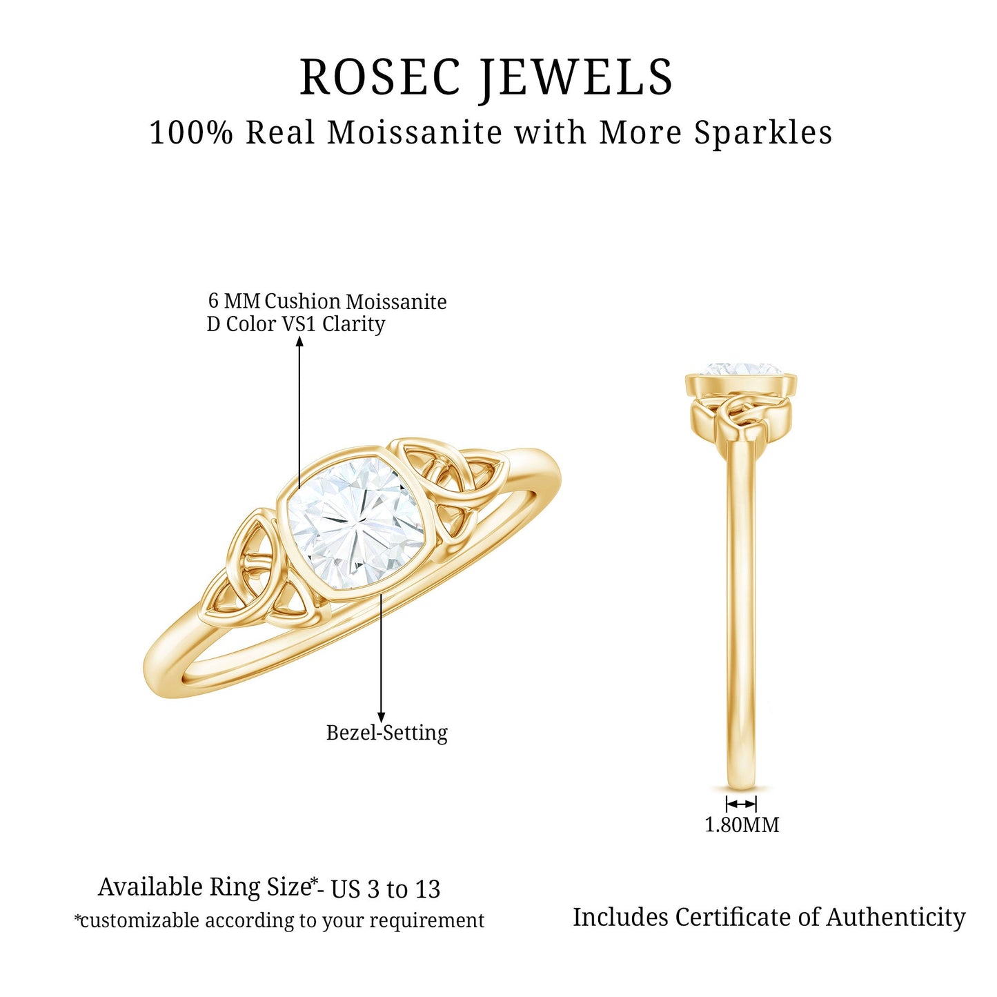 Brilliant Cut Moissanite Celtic Knot Engagement Ring in Bezel Setting
