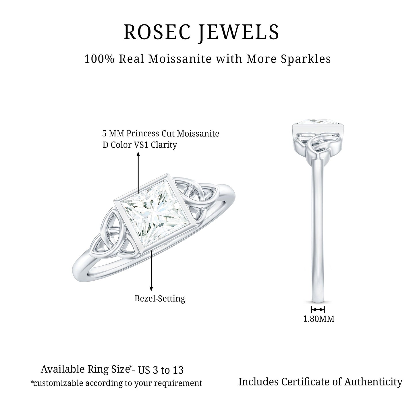 0.7 Carat Princess Cut Certified Moissanite Solitaire Ring with Celtic Knot Style