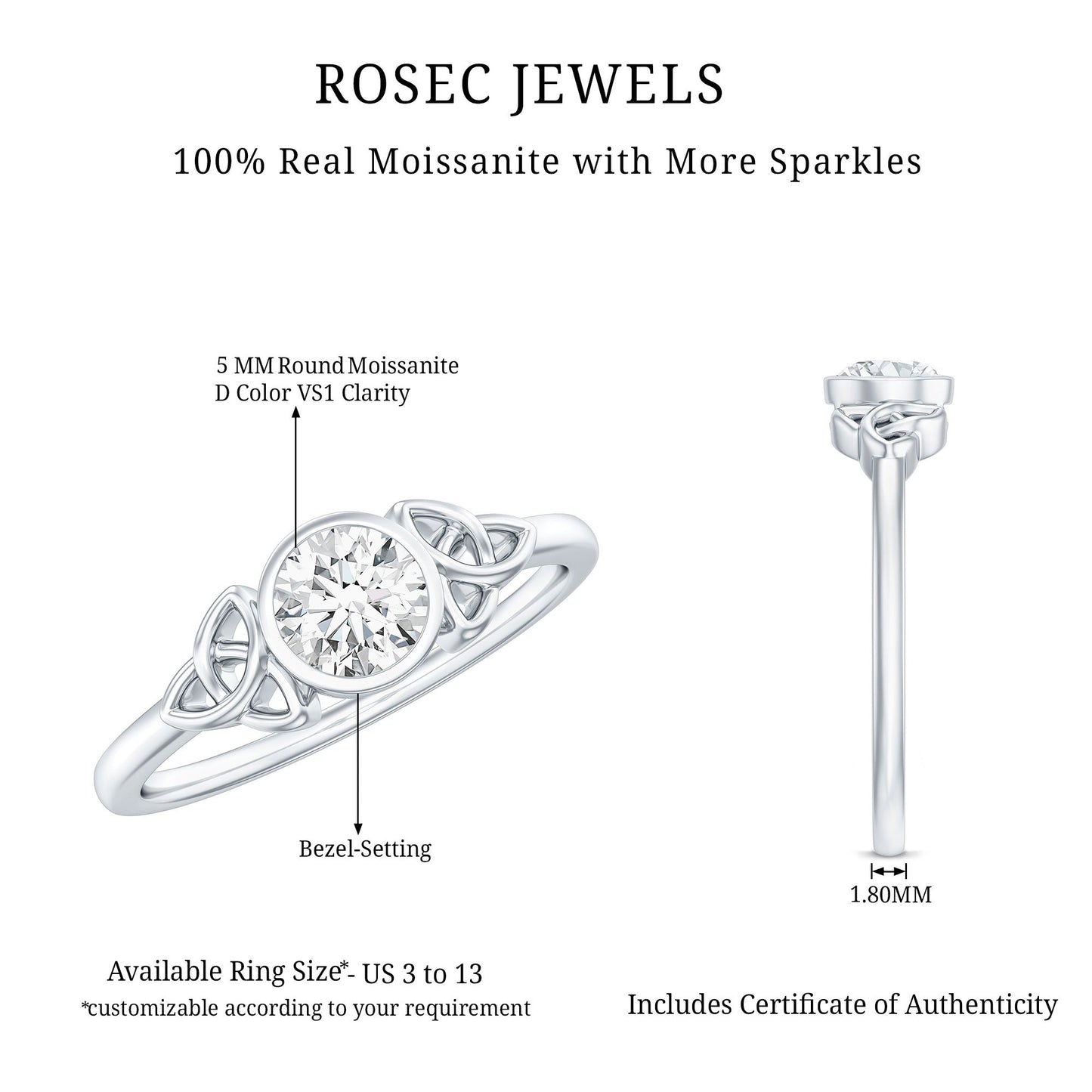 Bezel Set Moissanite Promise Ring with Celtic Knot Details