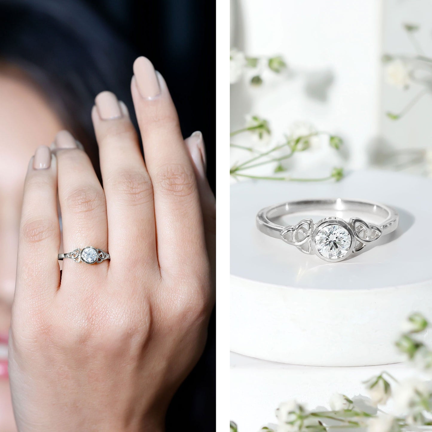 Bezel Set Moissanite Promise Ring with Celtic Knot Details
