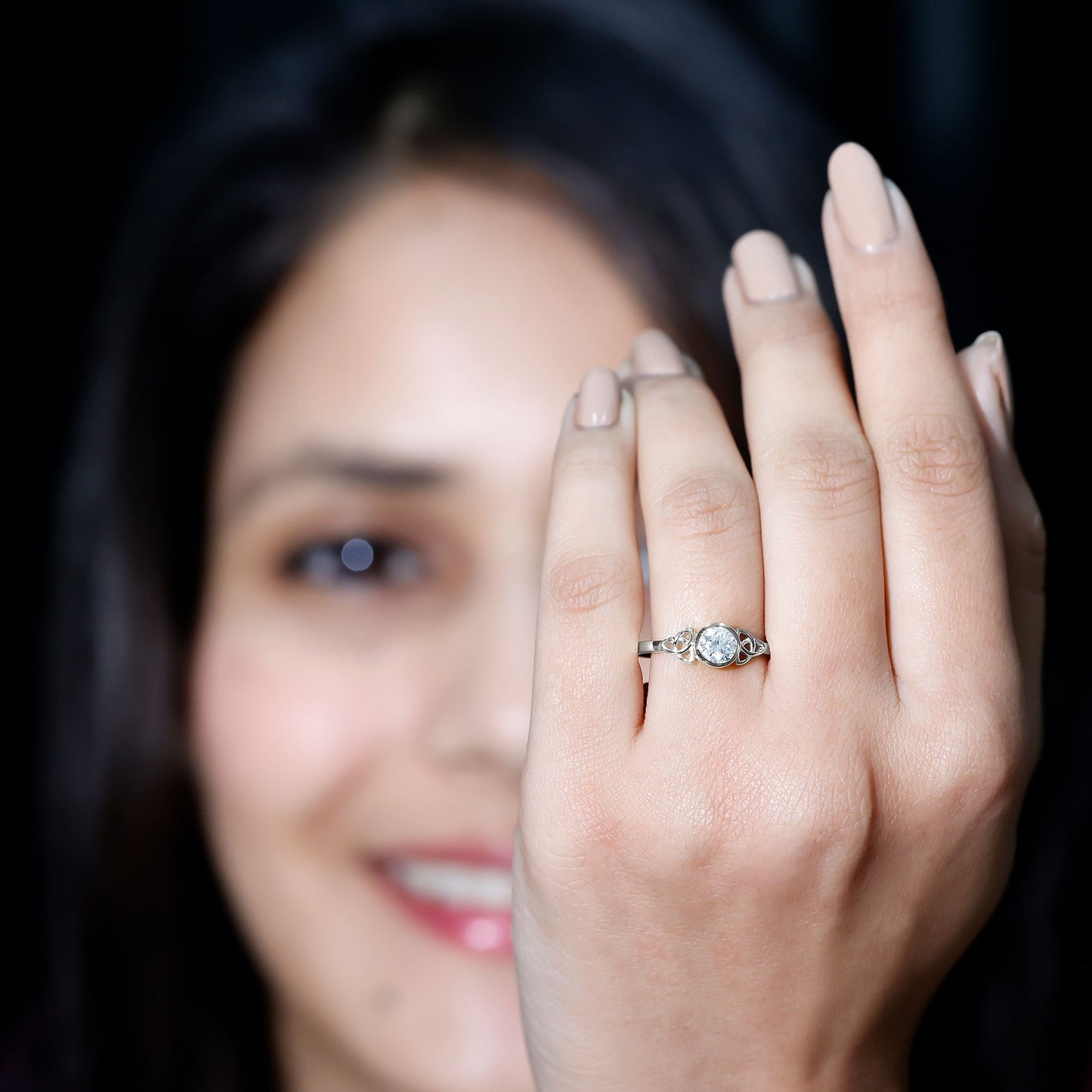 Bezel Set Moissanite Promise Ring with Celtic Knot Details