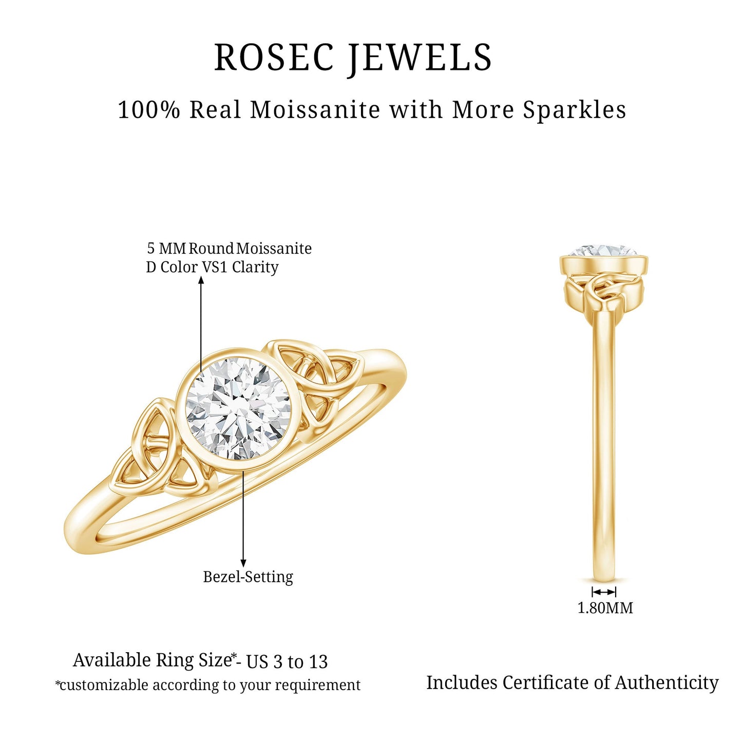 Bezel Set Moissanite Promise Ring with Celtic Knot Details