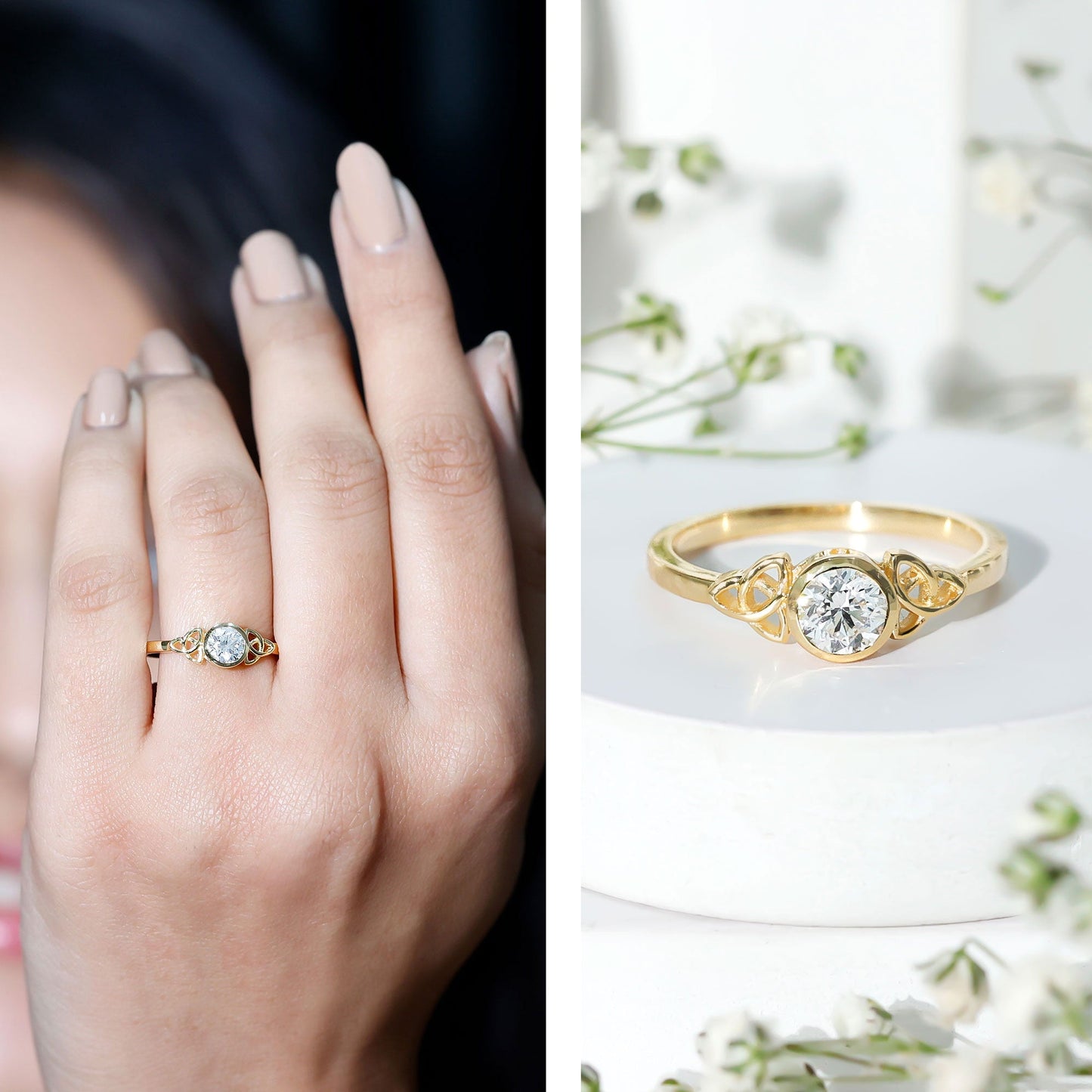Bezel Set Moissanite Promise Ring with Celtic Knot Details