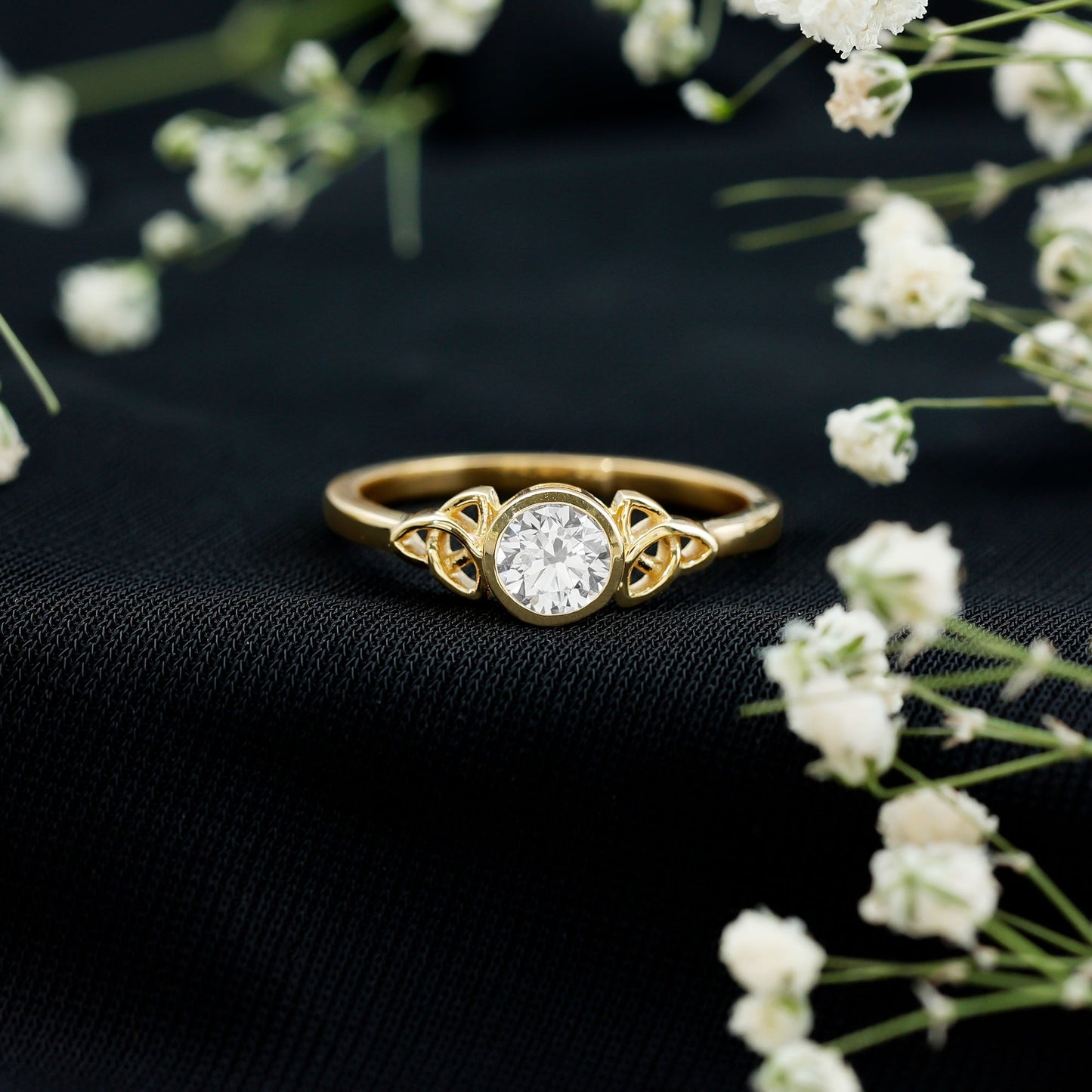 Bezel Set Moissanite Promise Ring with Celtic Knot Details