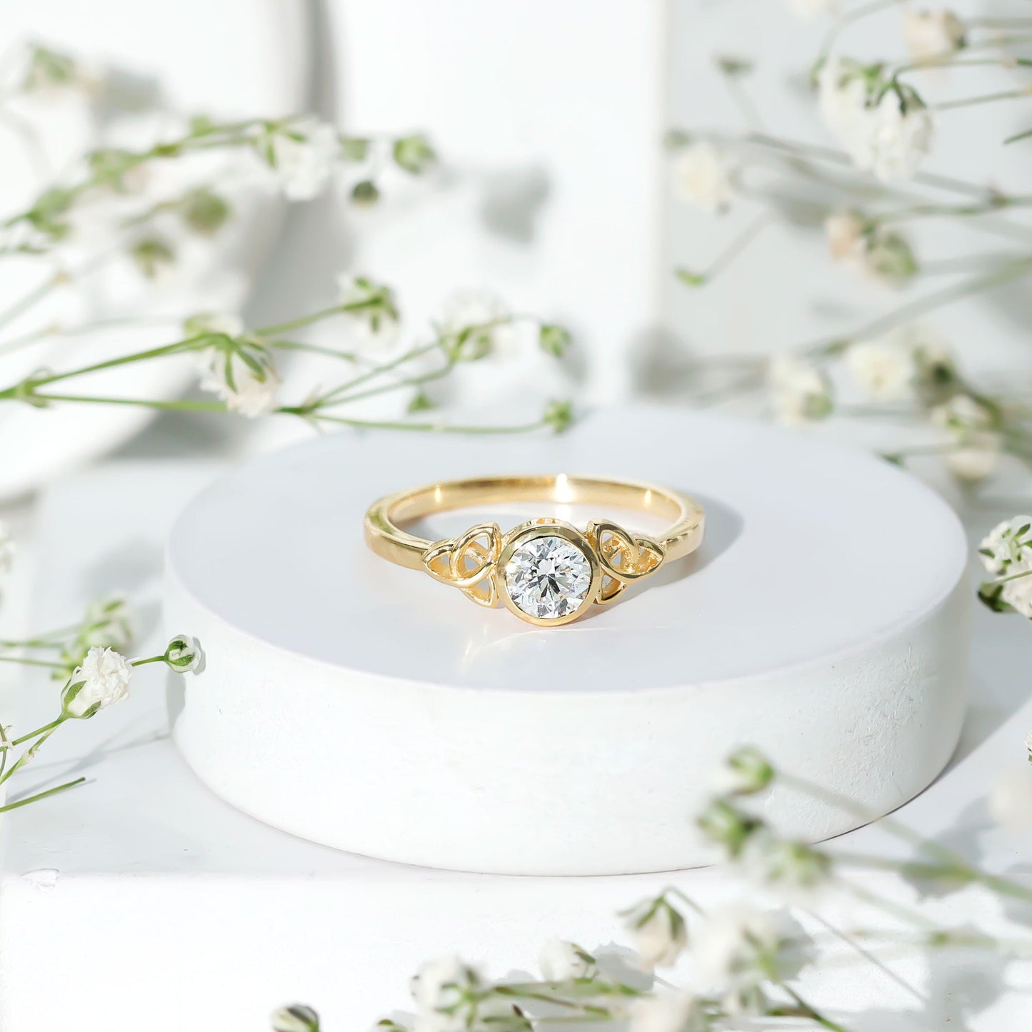 Bezel Set Moissanite Promise Ring with Celtic Knot Details