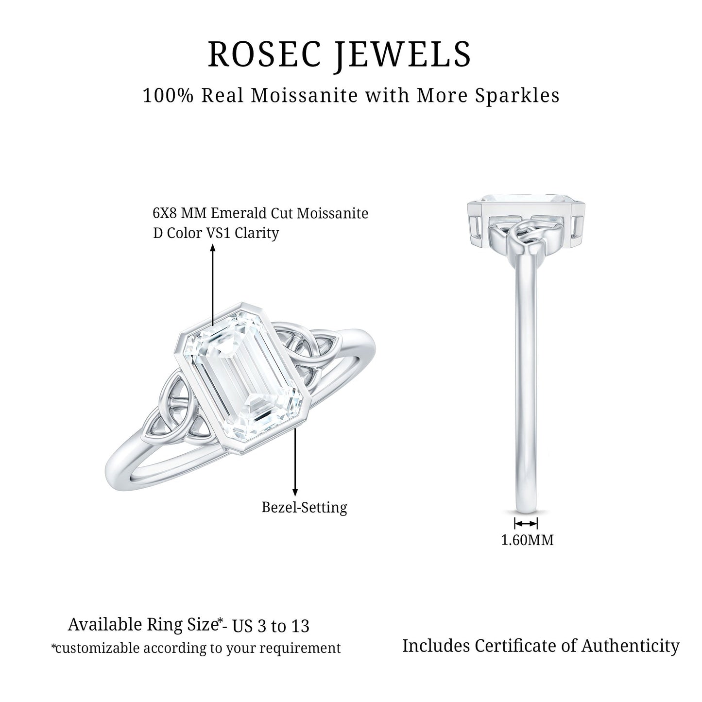 Emerald Cut Moissanite Solitaire Celtic Engagement Ring