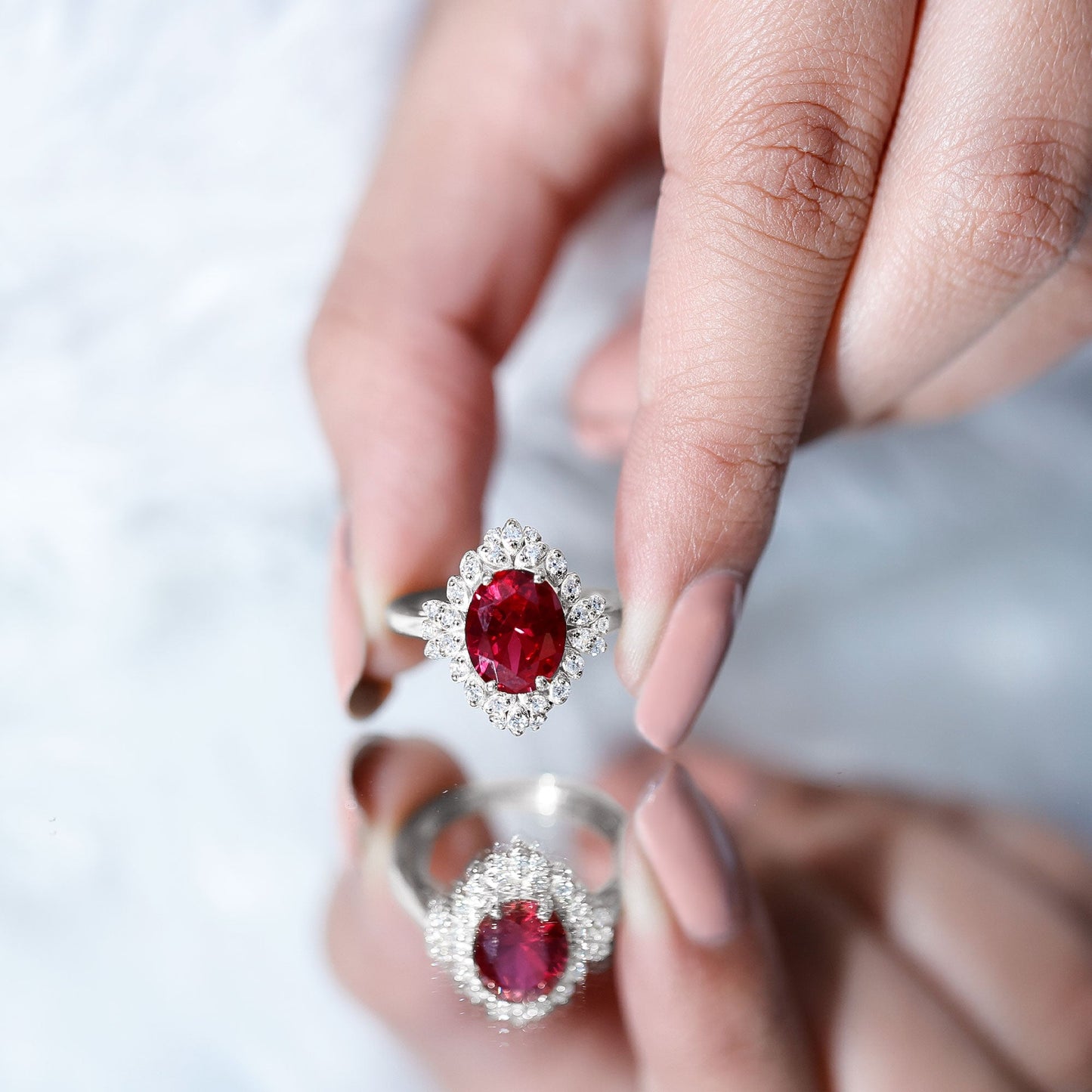 Vintage Inspired Lab Grown Ruby and Diamond Engagement Ring