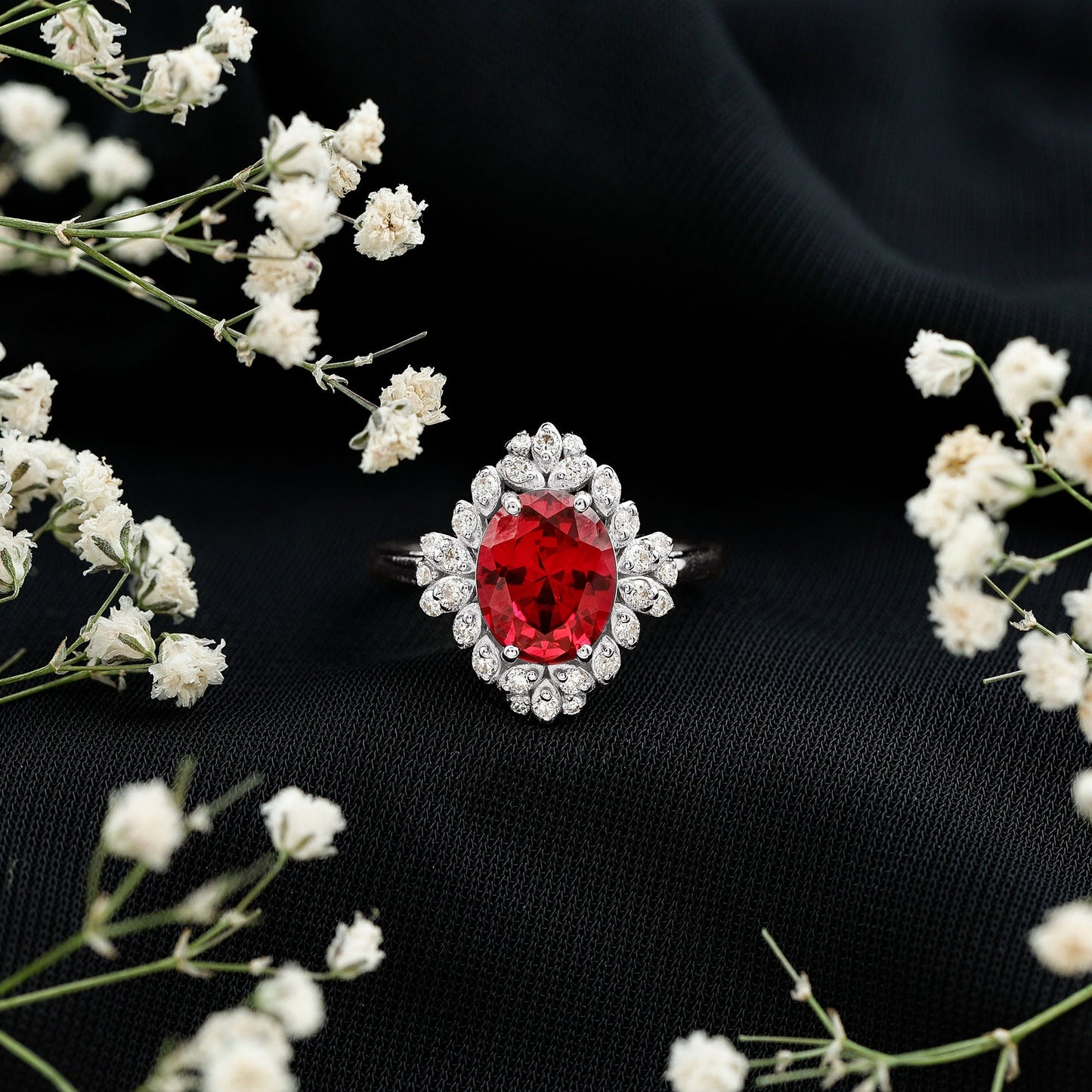Vintage Inspired Lab Grown Ruby and Diamond Engagement Ring