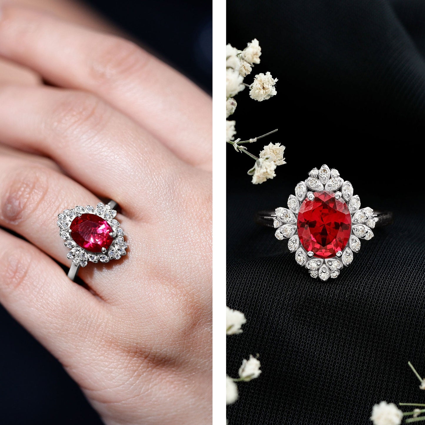 Vintage Inspired Lab Grown Ruby and Diamond Engagement Ring