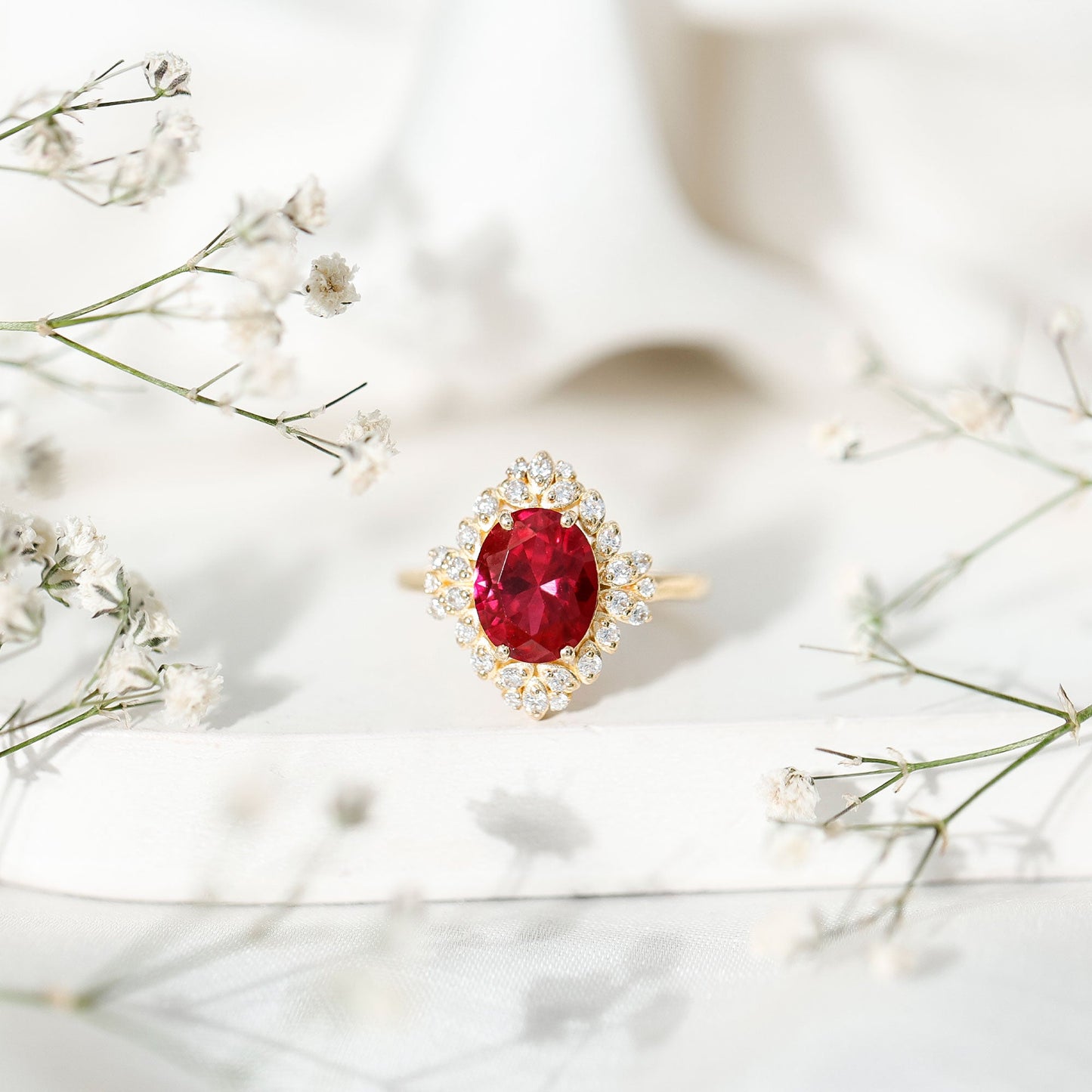 Vintage Inspired Lab Grown Ruby and Diamond Engagement Ring