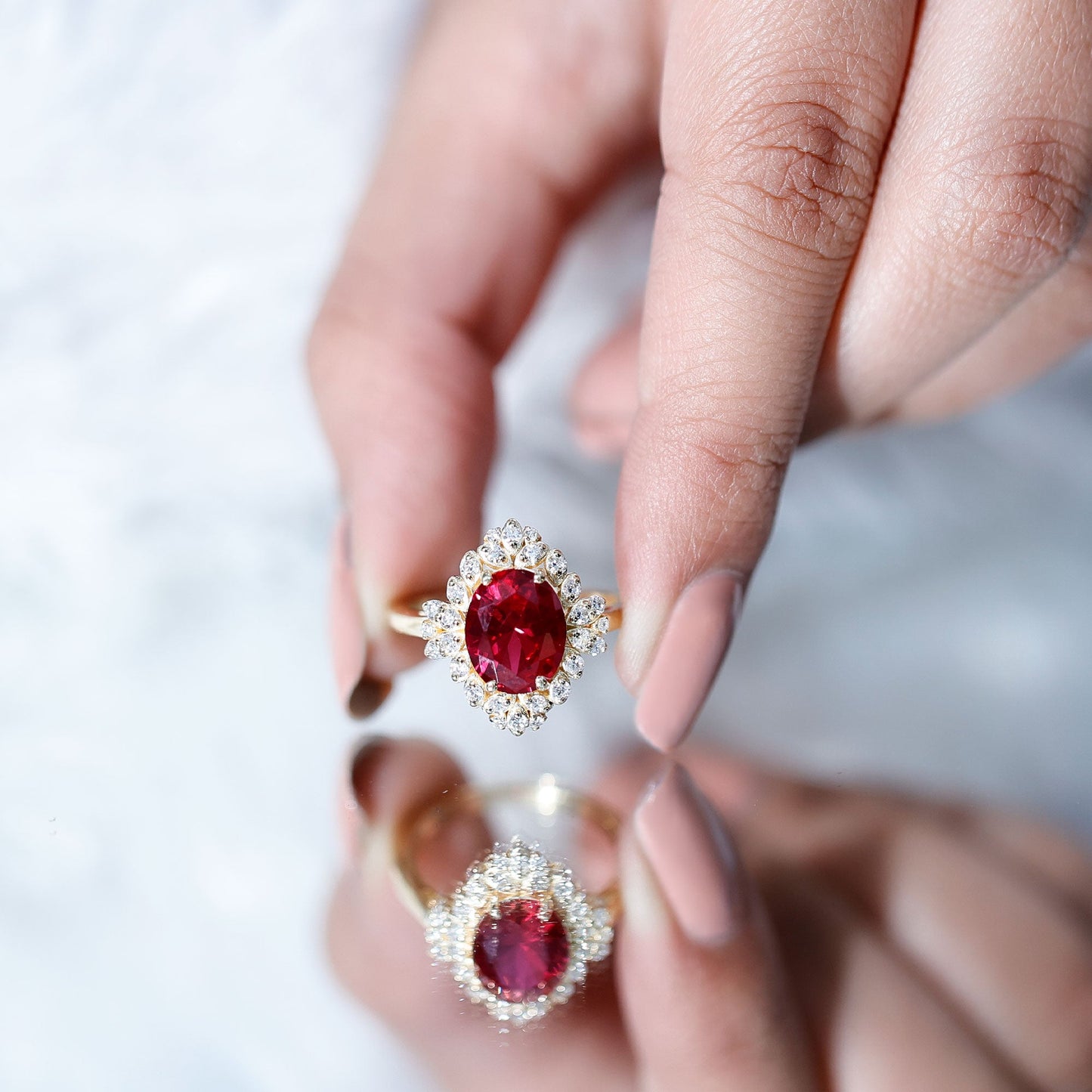 Vintage Inspired Lab Grown Ruby and Diamond Engagement Ring