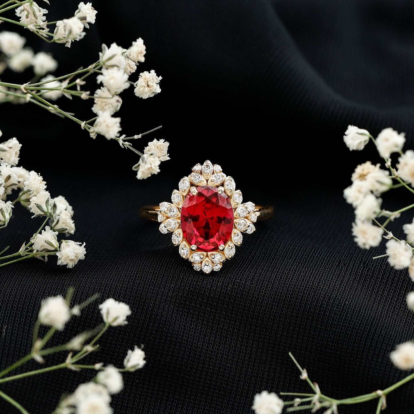 Vintage Inspired Lab Grown Ruby and Diamond Engagement Ring