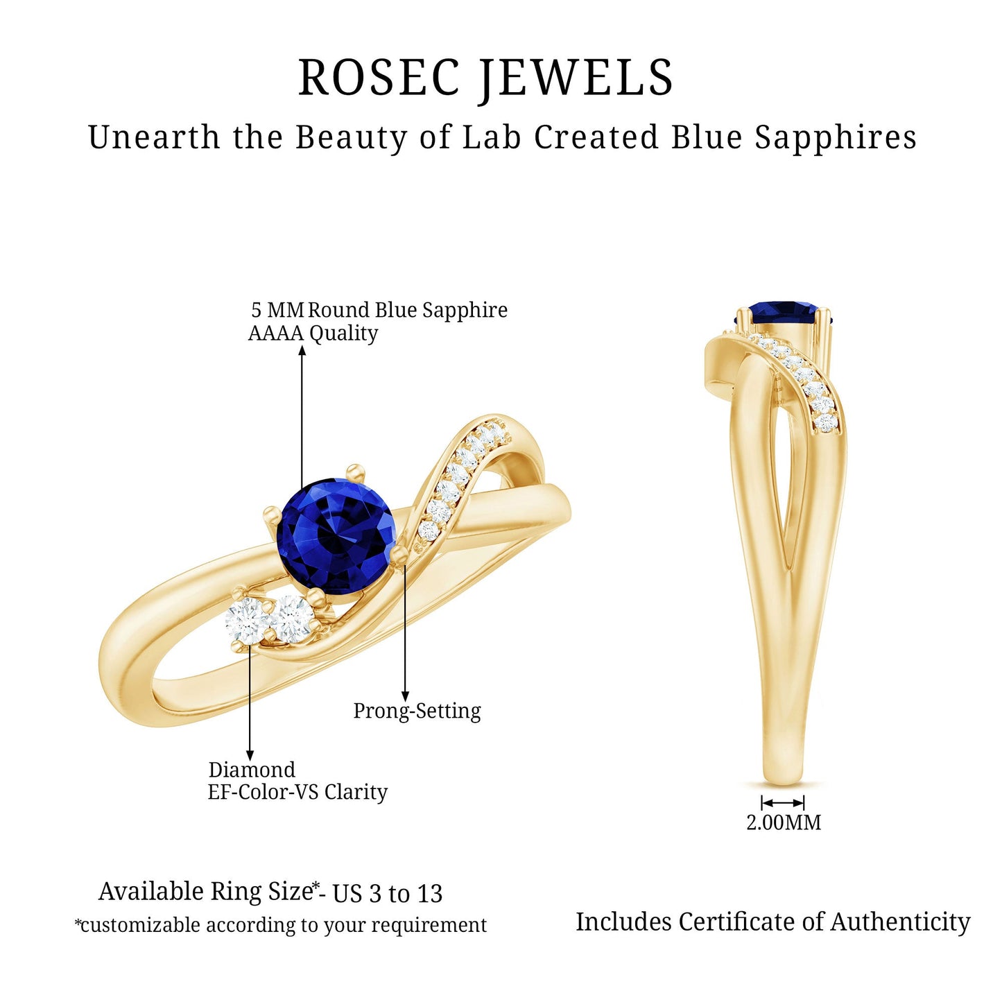 Certified 0.6 Carat Lab Grown Blue Sapphire Diamond Promise Ring for Women