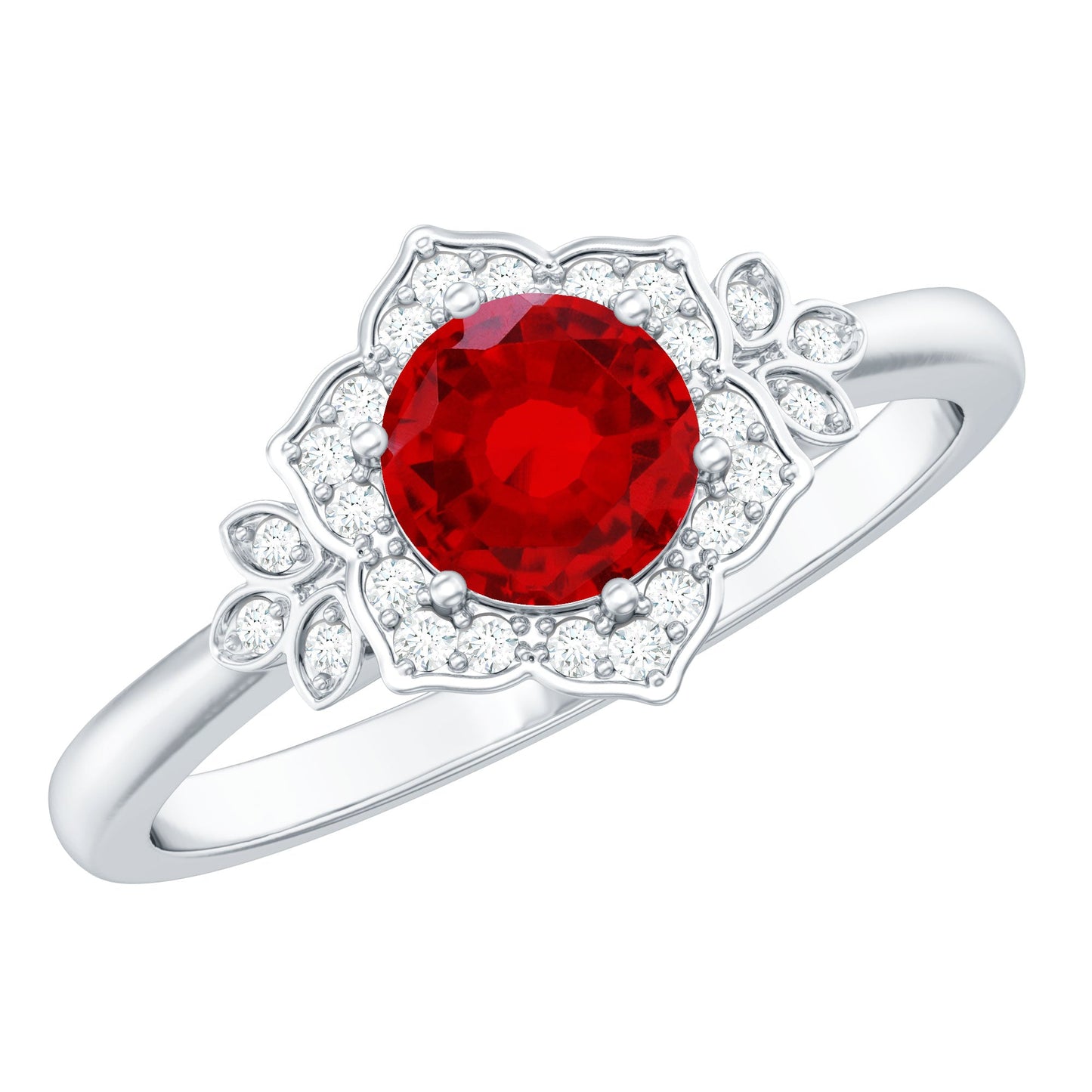 Lab Grown Ruby and Diamond Flower Engagement Ring