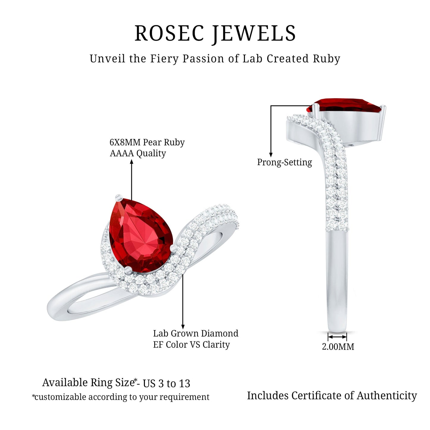 Pear Shaped Lab Created Ruby and Diamond Designer Engagement Ring