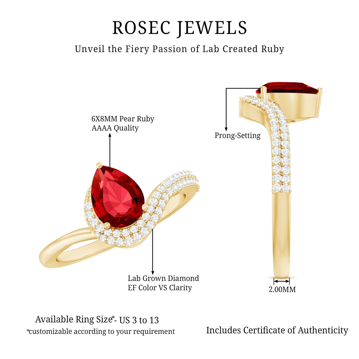 Pear Shaped Lab Created Ruby and Diamond Designer Engagement Ring