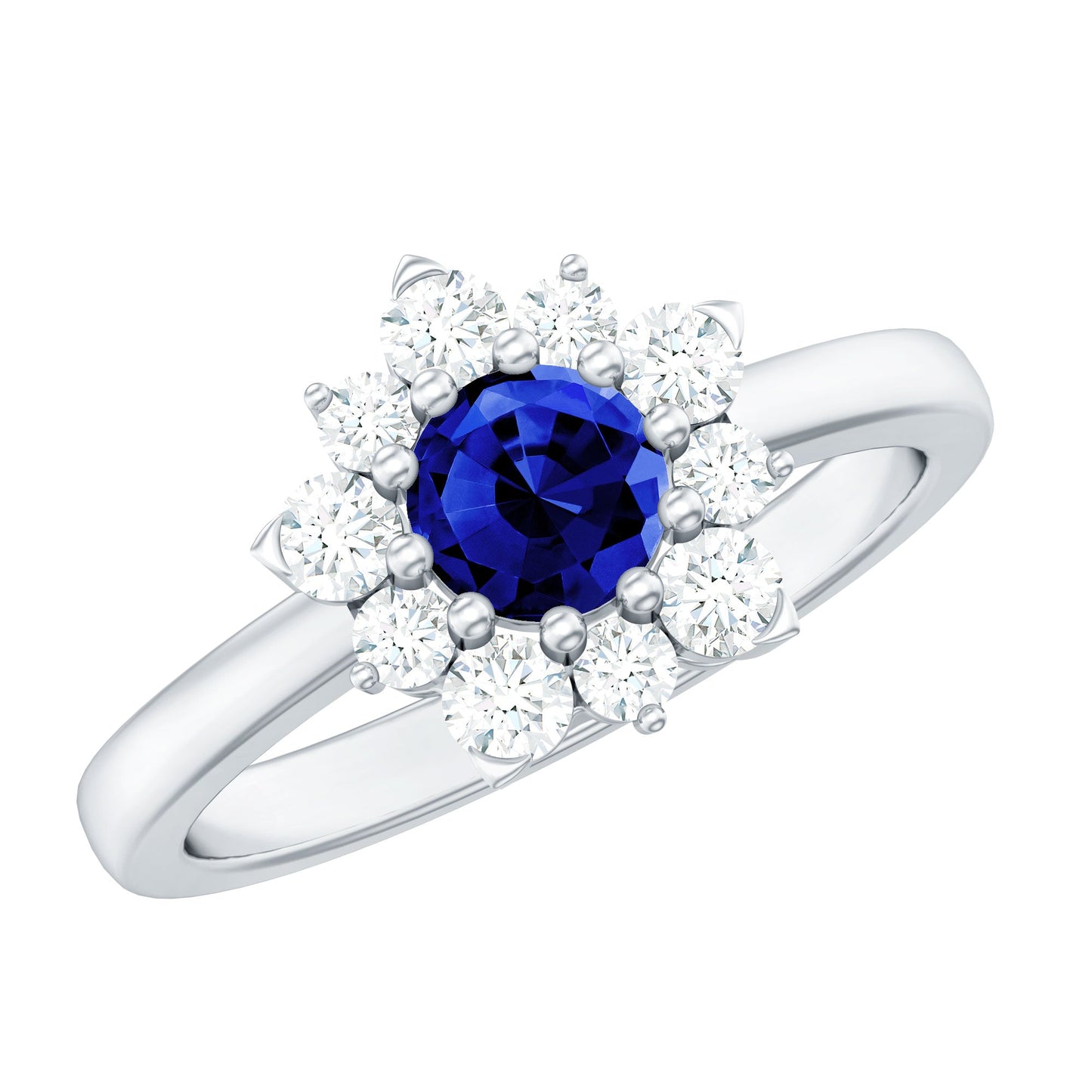Natural Inspired 0.6 Carat Lab Grown Blue Sapphire Engagement Ring with Diamond Halo
