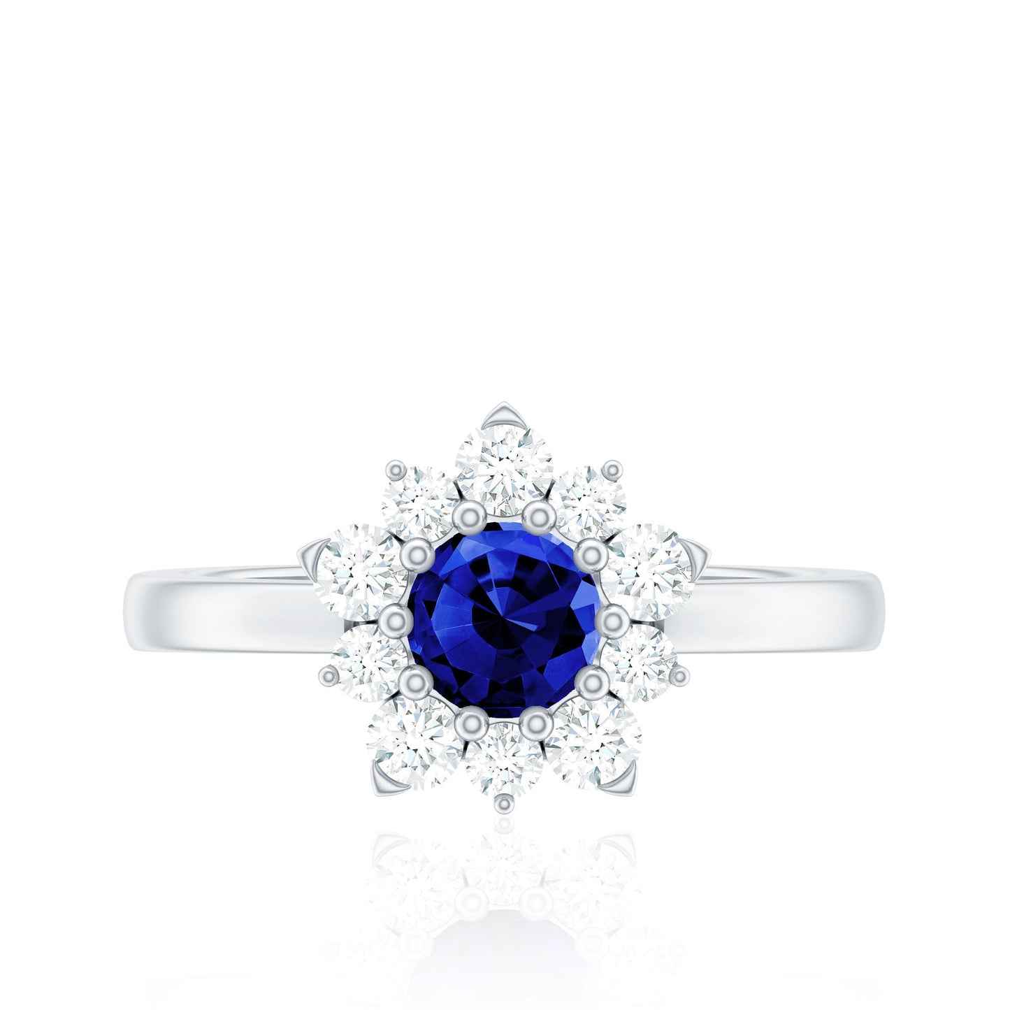 Natural Inspired 0.6 Carat Lab Grown Blue Sapphire Engagement Ring with Diamond Halo
