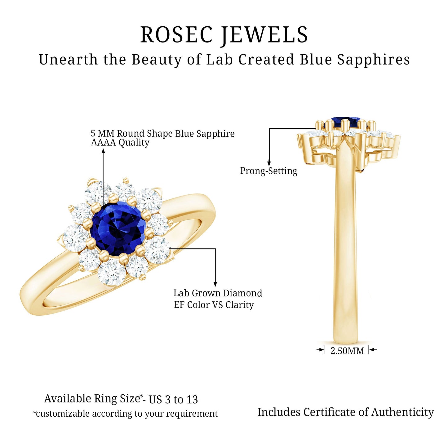 Natural Inspired 0.6 Carat Lab Grown Blue Sapphire Engagement Ring with Diamond Halo