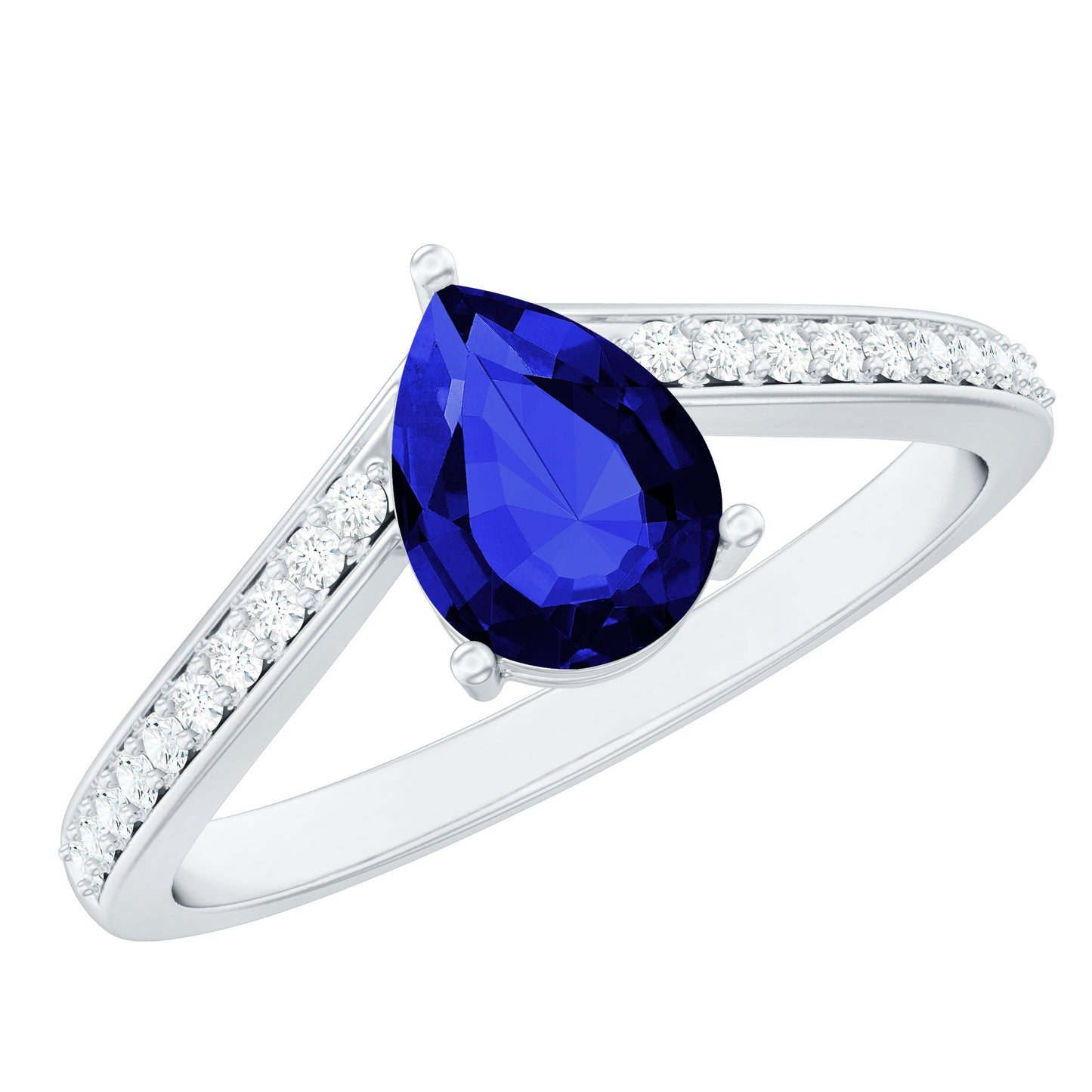Certified 1.6 Carat Pear Shape Lab Grown Blue Sapphire Chevron Engagement Ring with Diamond