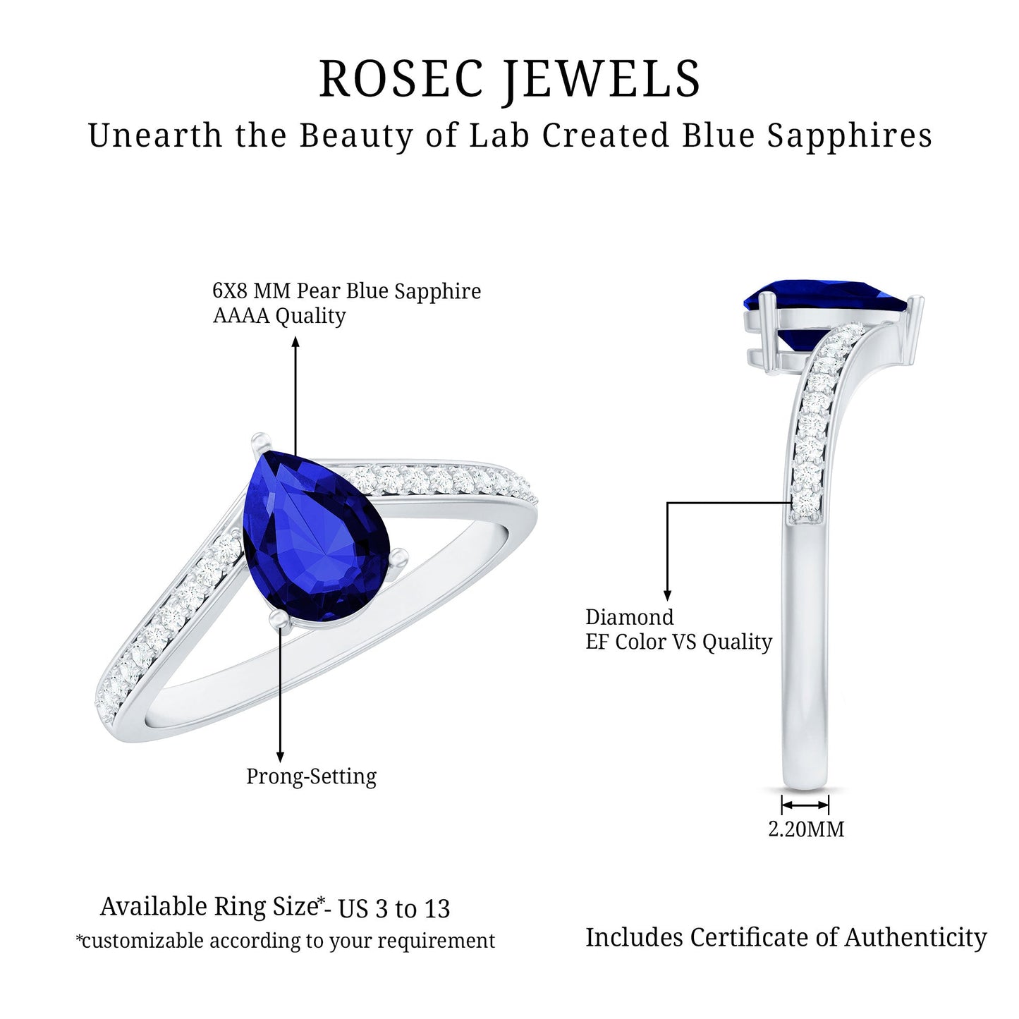 Certified 1.6 Carat Pear Shape Lab Grown Blue Sapphire Chevron Engagement Ring with Diamond