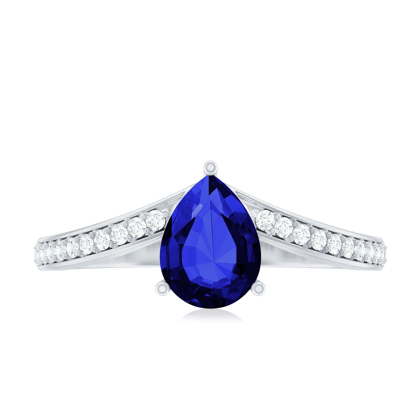 Certified 1.6 Carat Pear Shape Lab Grown Blue Sapphire Chevron Engagement Ring with Diamond