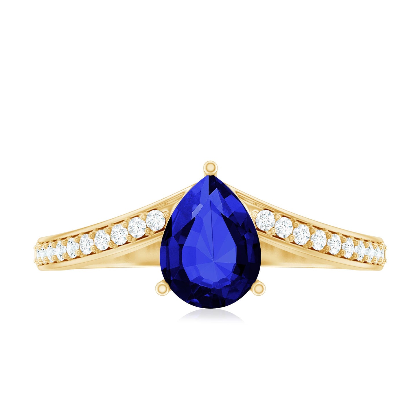 Certified 1.6 Carat Pear Shape Lab Grown Blue Sapphire Chevron Engagement Ring with Diamond