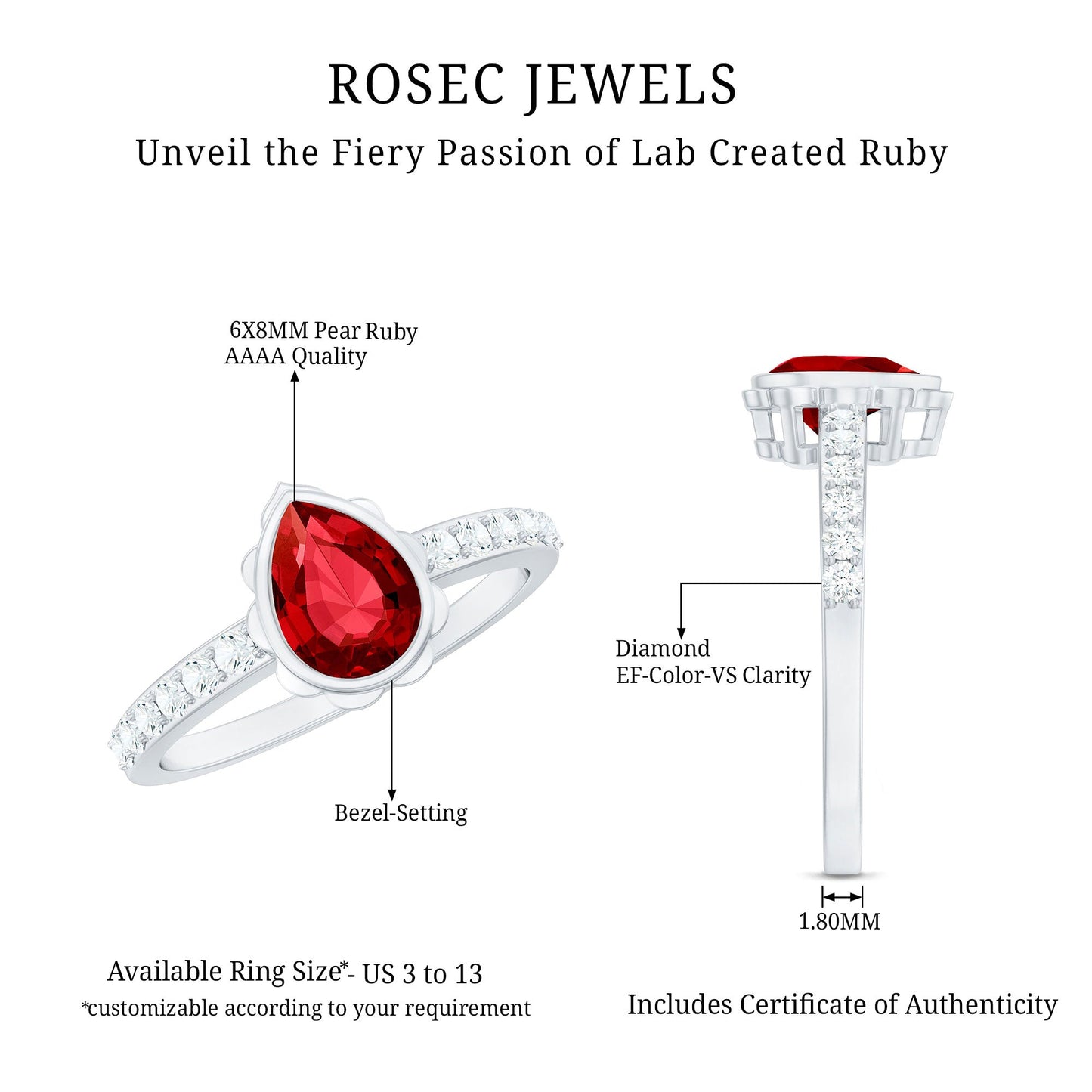 Bezel Set Lab Grown Ruby Teardrop Engagement Ring