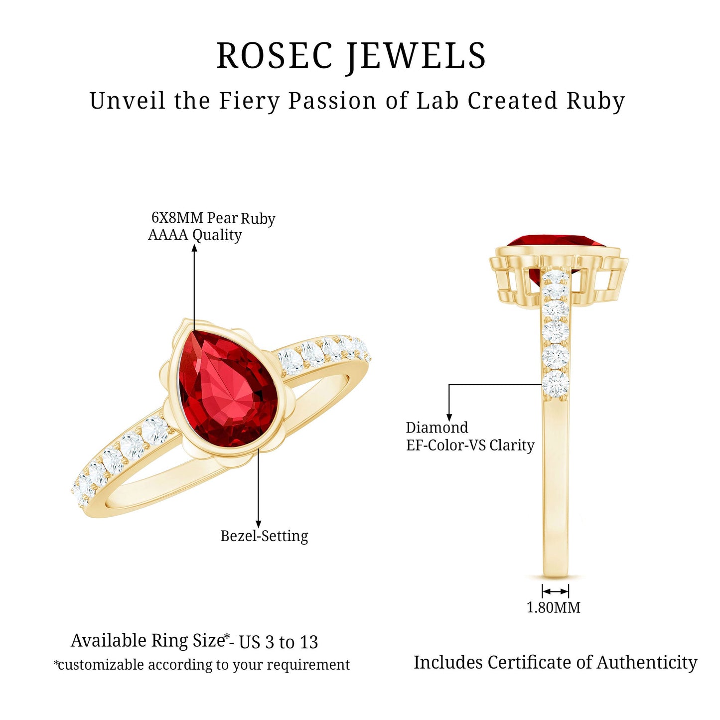 Bezel Set Lab Grown Ruby Teardrop Engagement Ring