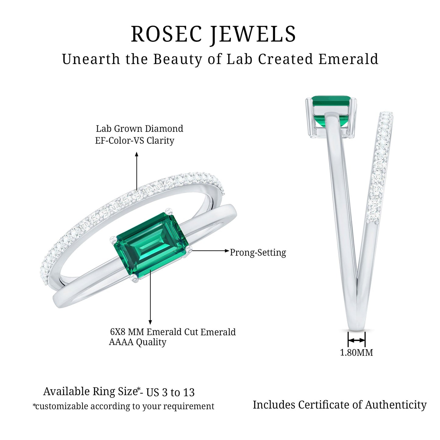 Certified Lab Grown Emerald East West Engagement Ring