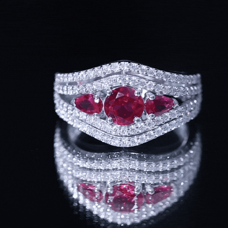 Designer Lab Created Ruby 3 Stone Engagement Ring With Moissanite