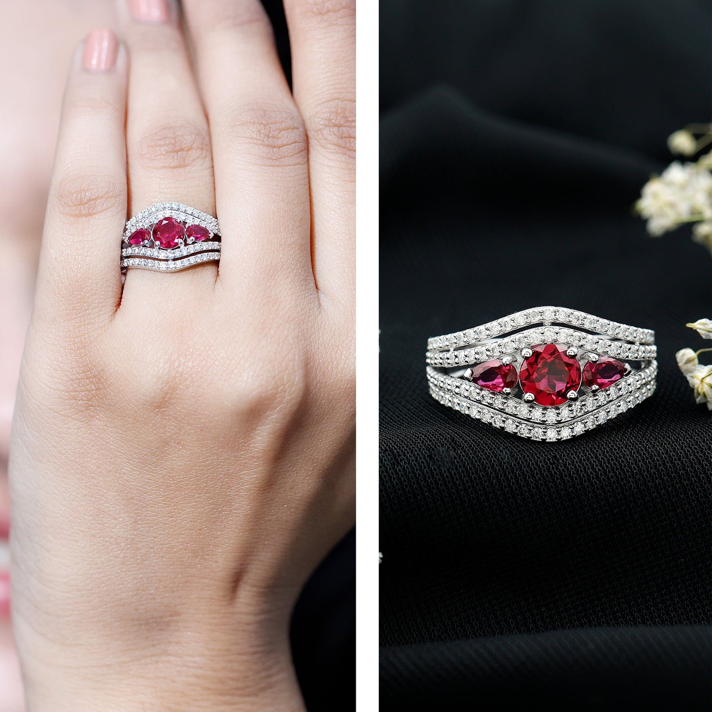 Designer Lab Created Ruby 3 Stone Engagement Ring With Moissanite