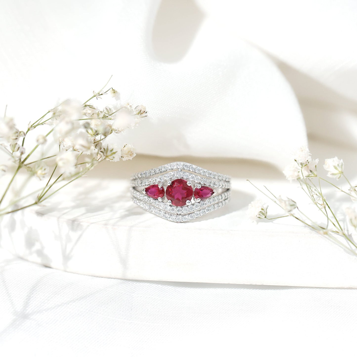 Designer Lab Created Ruby 3 Stone Engagement Ring With Moissanite