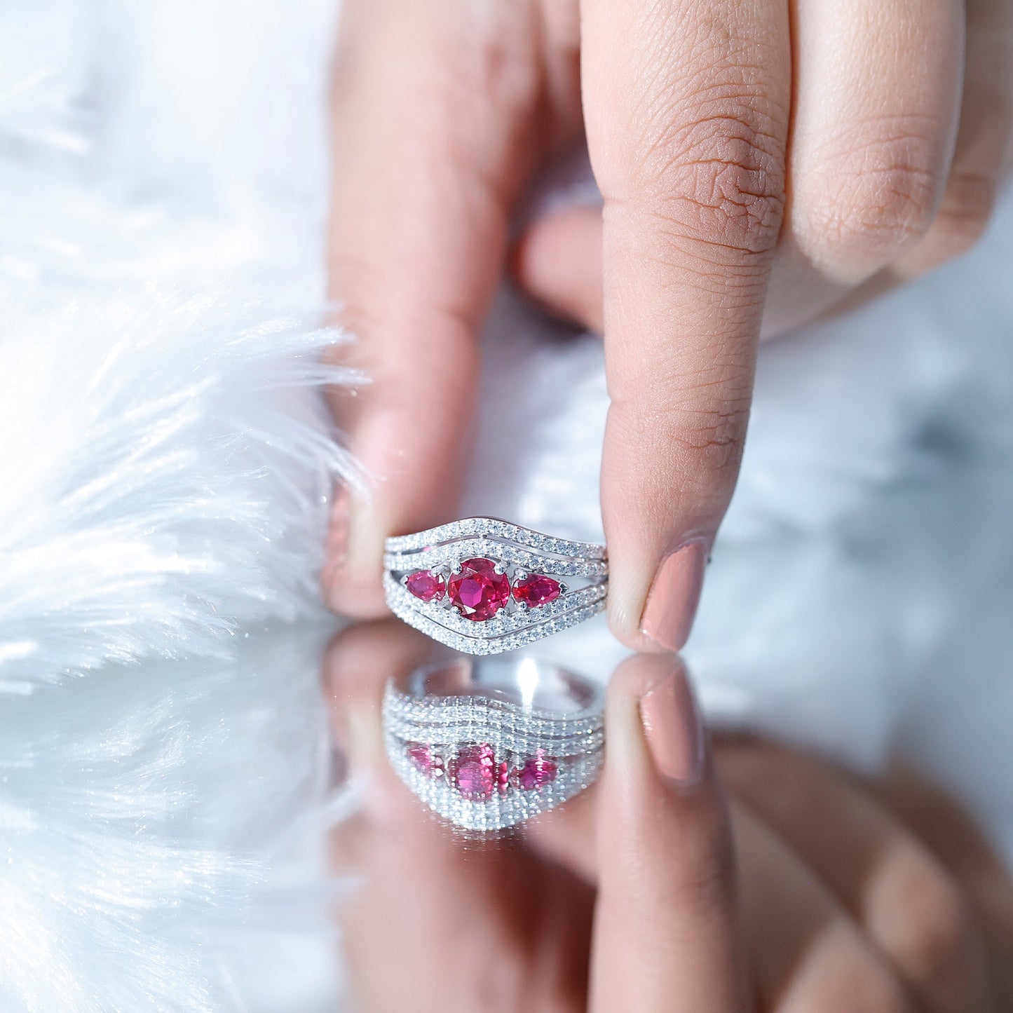 Designer Lab Created Ruby 3 Stone Engagement Ring With Moissanite