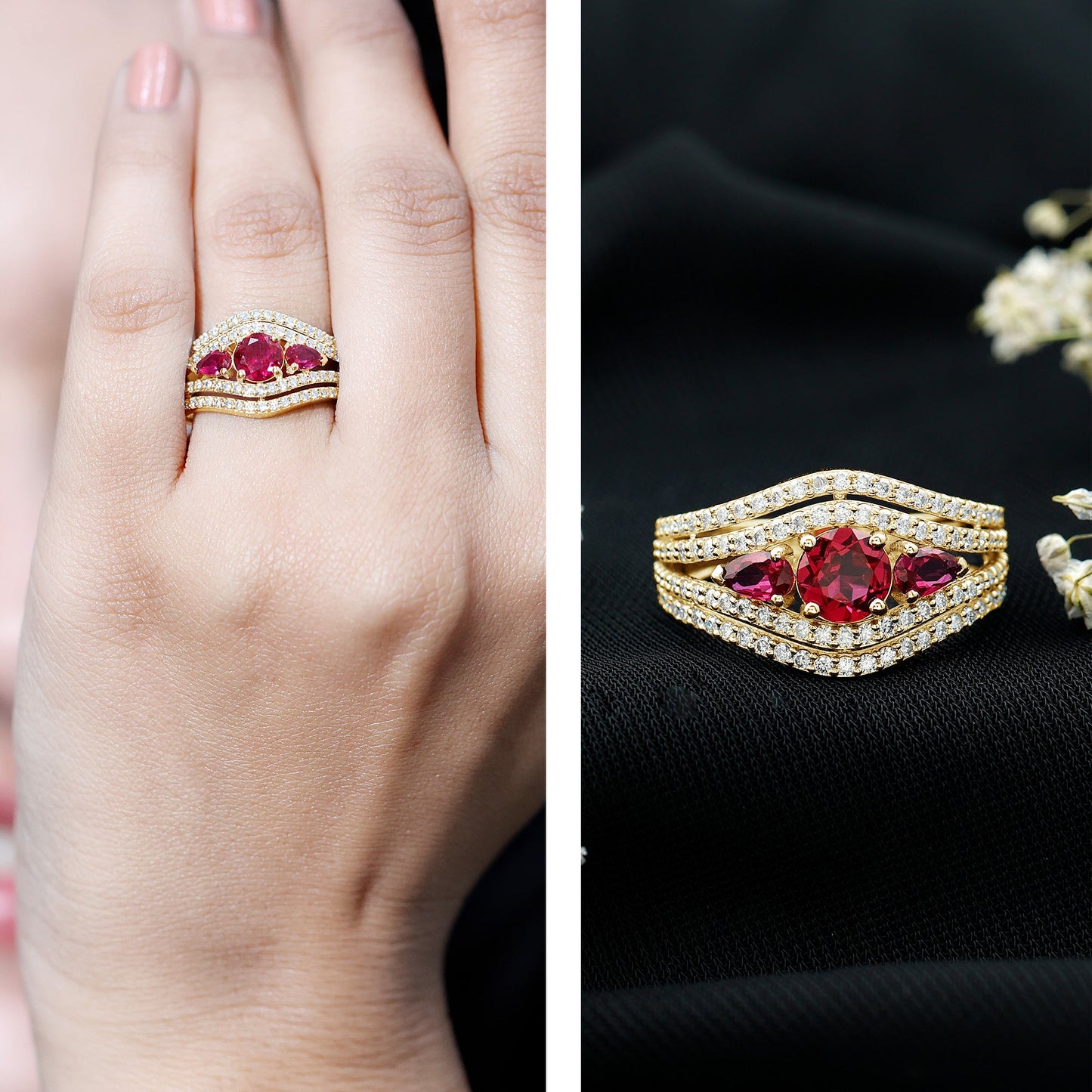 Designer Lab Created Ruby 3 Stone Engagement Ring With Moissanite