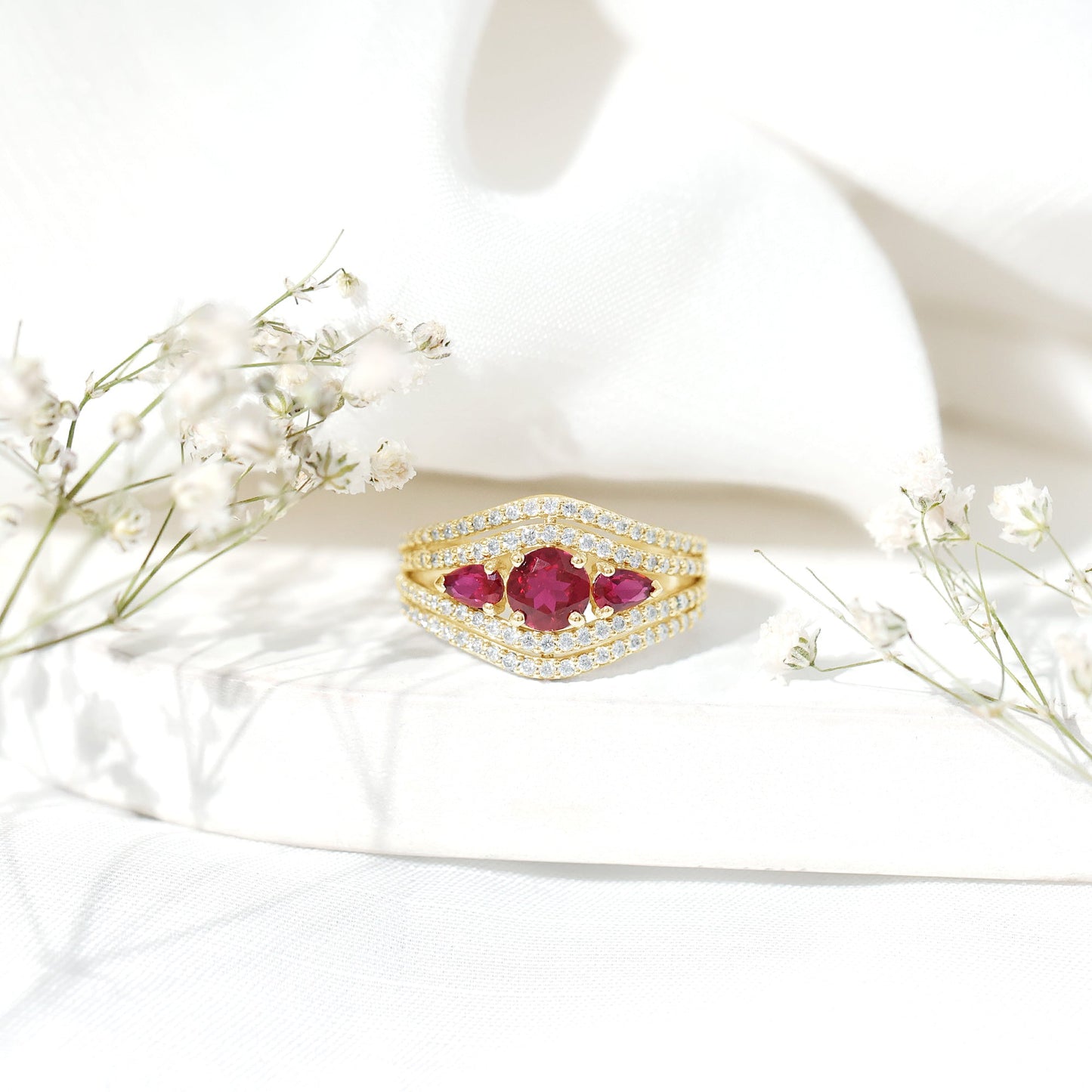 Designer Lab Created Ruby 3 Stone Engagement Ring With Moissanite
